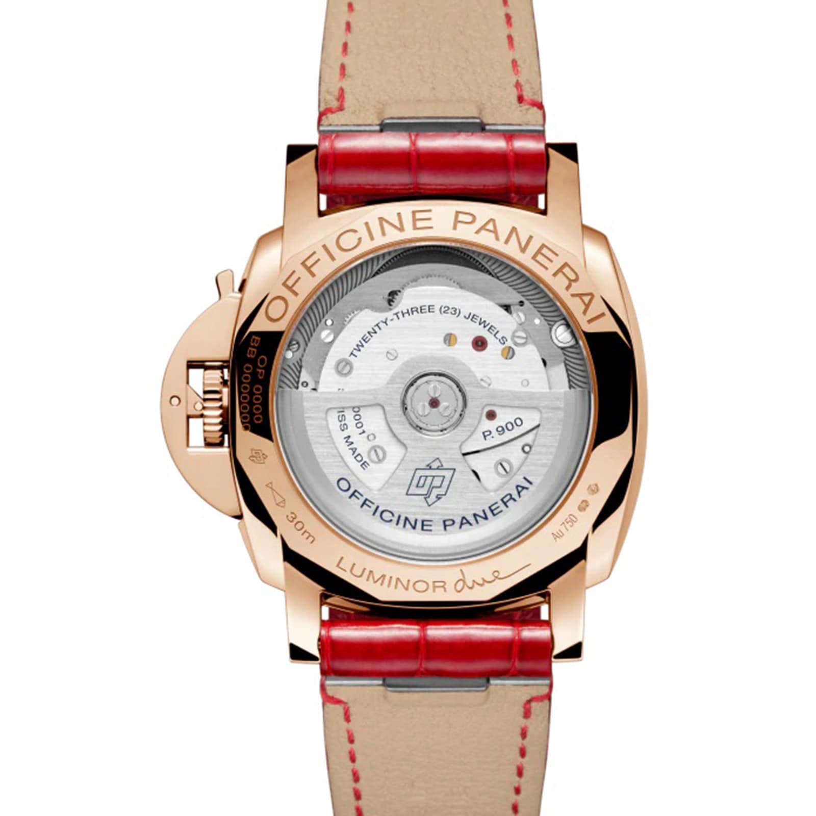 Back view of the Panerai Piccolo Due MadrePerla watch showcasing its exposed mechanical movement, “OFFICINE PANERAI” engraving, Goldtech rose gold case, and a light brown leather strap with red stitching—a touch of true elegance.