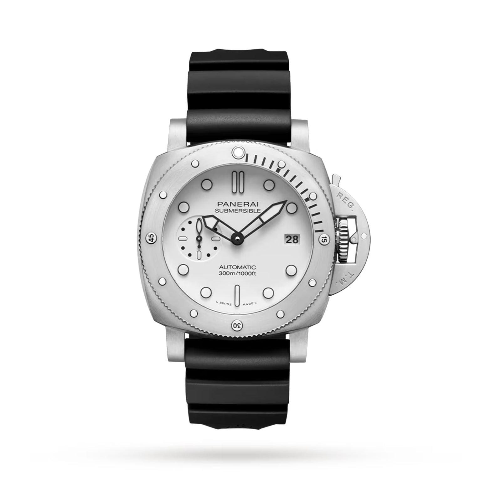 The Panerai Submersible Bianco features a silver case, white dial with round hour markers, black hands, date at 3 o’clock, and a black rubber strap, shown against a white background.
