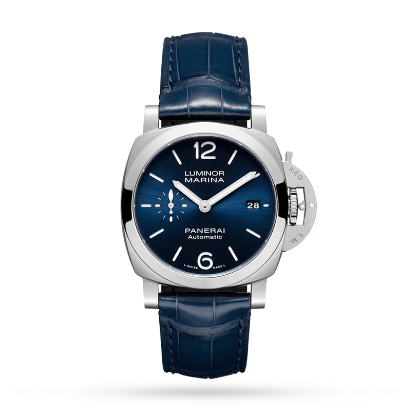 The Panerai Luminor Quaranta Automatic features a blue dial, stainless steel case, date display, and blue leather strap, shown against a white background.