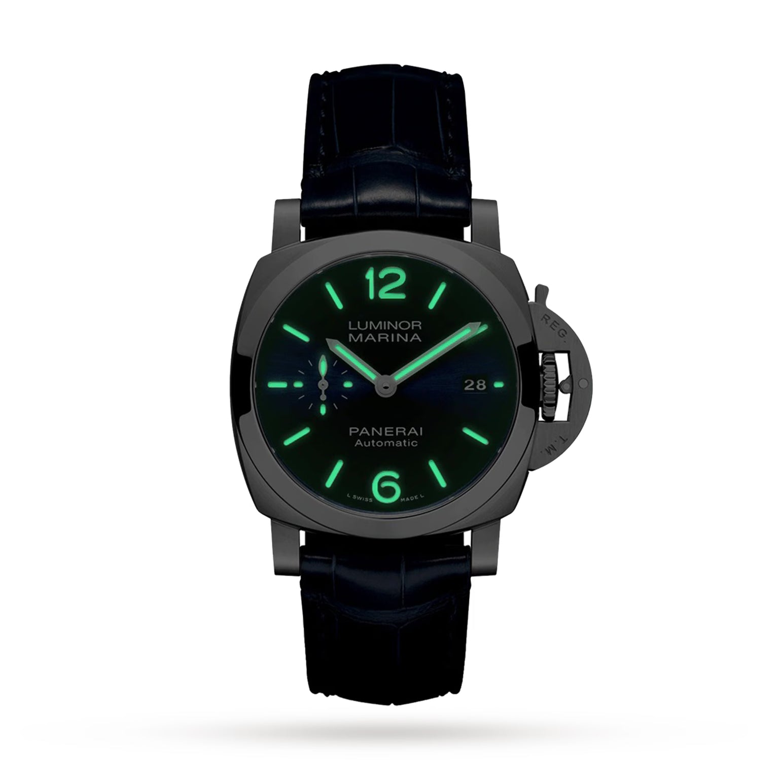 A black Panerai Luminor Quaranta Automatic watch with a stainless steel case, black leather strap, luminous green hands and markers, and a date window on the right side of the dial, set against a white background.