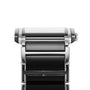 A close-up of the Rado Integral Diamonds watch, featuring a rectangular face and high-tech black ceramic links, shown from the side against a white background.