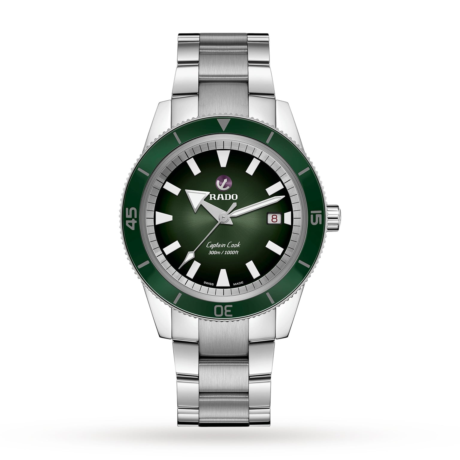 A Rado Captain Cook Automatic watch is shown on a white background, featuring vintage details with a green bezel and dial, silver hour markers, and a date display at 3 o’clock.