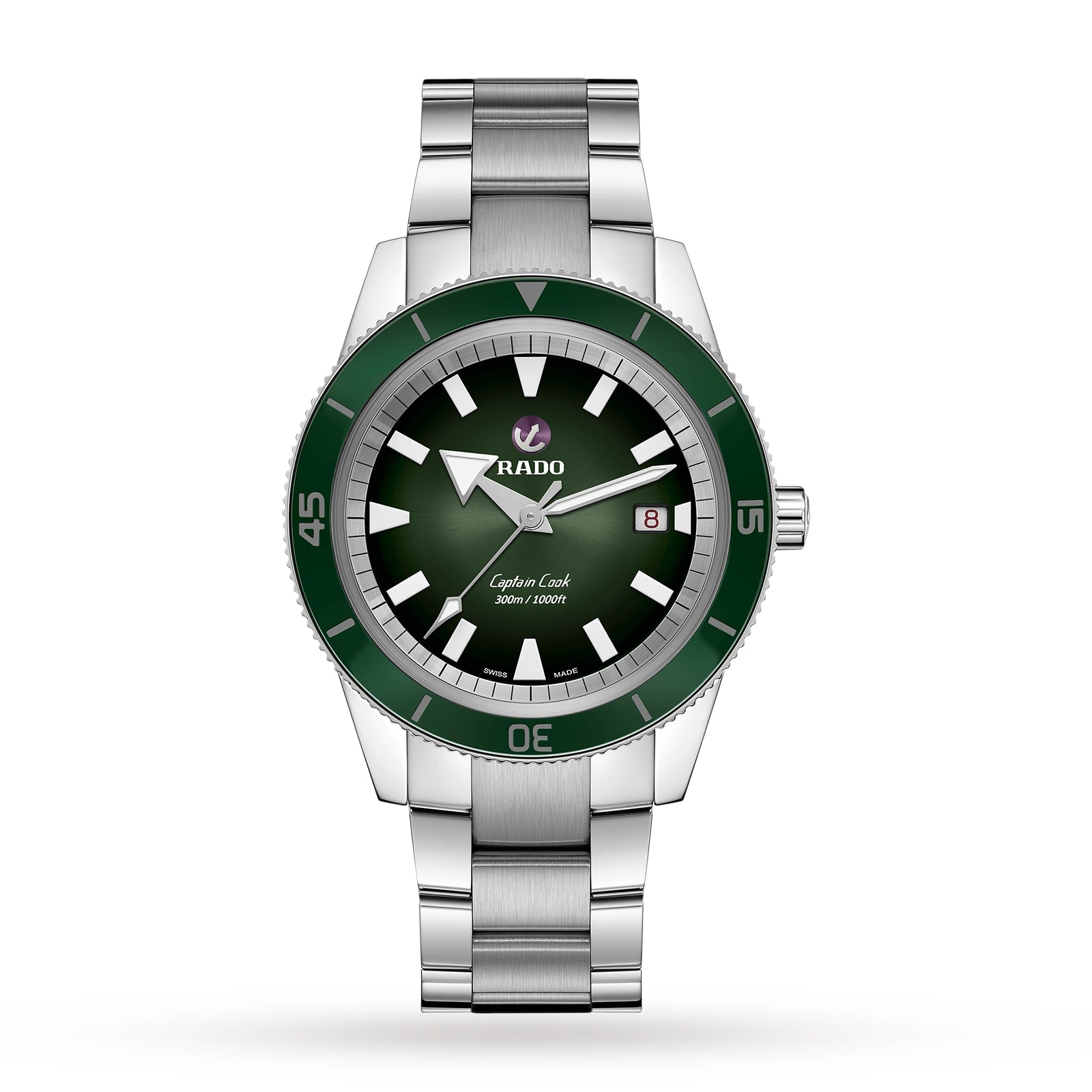 A Rado Captain Cook Automatic watch is shown on a white background, featuring vintage details with a green bezel and dial, silver hour markers, and a date display at 3 o’clock.