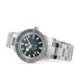 The Rado Captain Cook Automatic is a stainless steel wristwatch with a green bezel, black dial, date window at 3 o’clock, vintage details, and everyday water resistance.