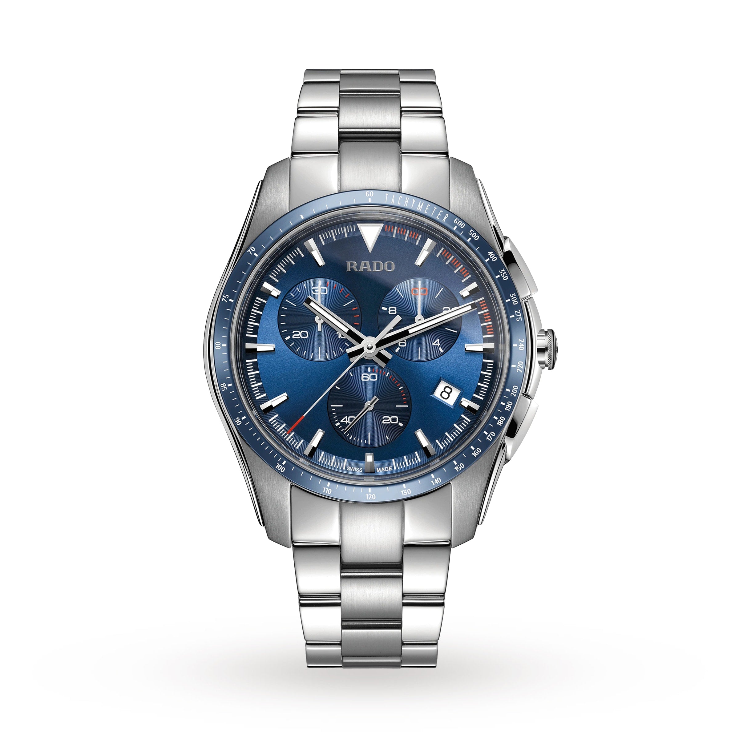 The Rado Hyperchrome Chronograph features a silver stainless steel case, blue dial with three subdials, date display at 4 o’clock, and the iconic Rado logo—showcasing the brand’s innovative spirit.