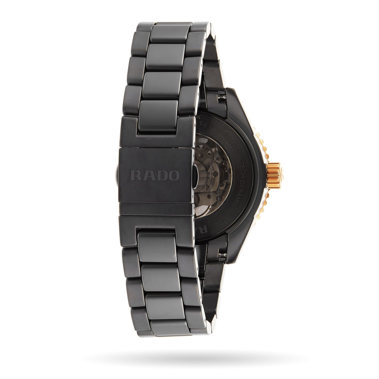 A close-up rear view of the Rado Captain Cook High-Tech Ceramic watch, showcasing its black high-tech ceramic bracelet and visible automatic movement with Nivachron™ hairspring through the transparent case back.