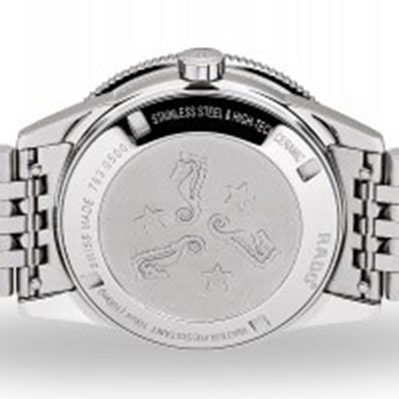 The image shows the back of the Rado Captain Cook Automatic, featuring engraved seahorses, stars, “Stainless Steel & High-Tech Ceramic,” and “Swiss Made” along the rim, blending vintage style with modern elements.