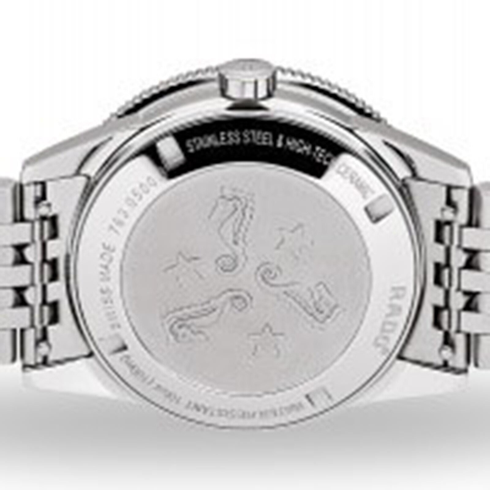 The image shows the back of the Rado Captain Cook Automatic, featuring engraved seahorses, stars, “Stainless Steel & High-Tech Ceramic,” and “Swiss Made” along the rim, blending vintage style with modern elements.