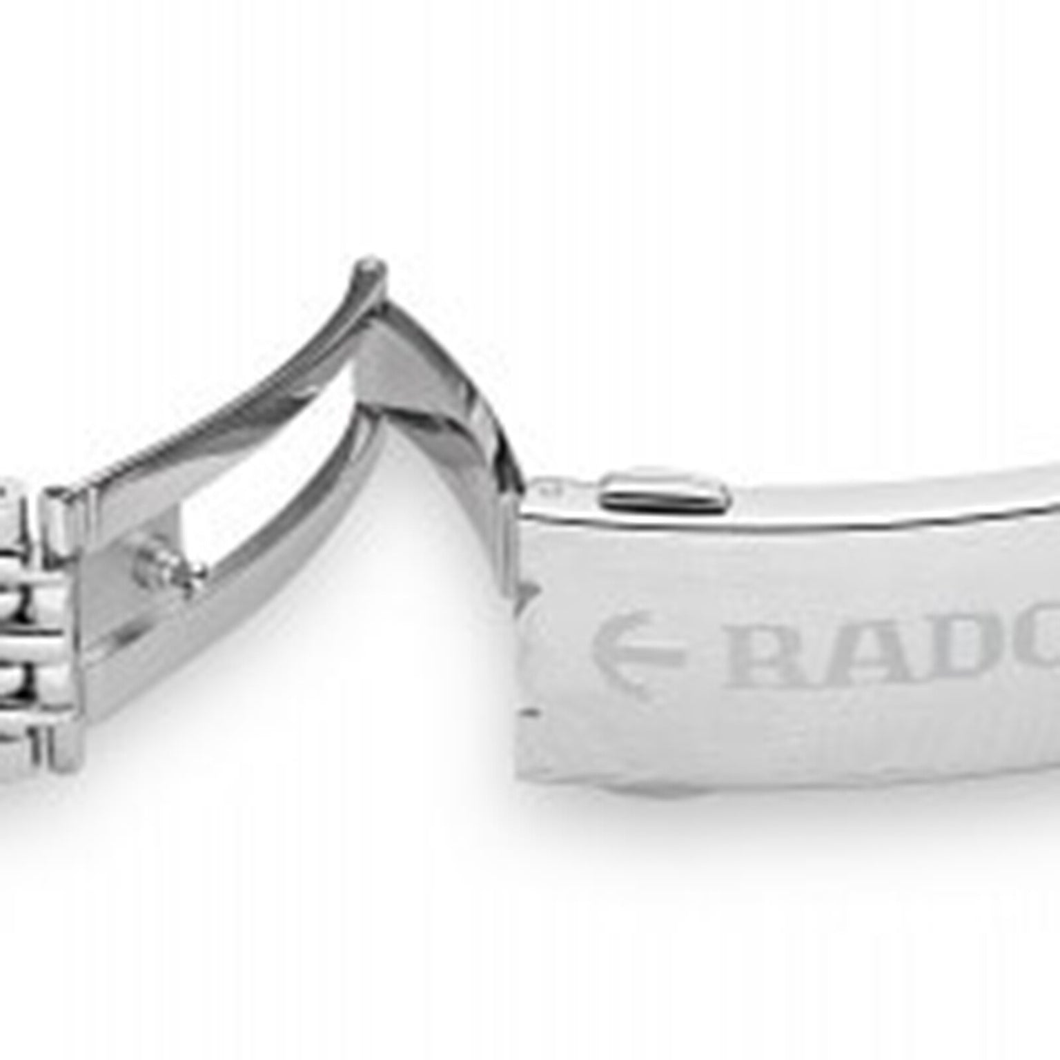 Close-up of the Captain Cook Automatics metal watch band by Rado, featuring a folding clasp partially open and engraved with RADO—blending vintage Captain Cook style with modern details.