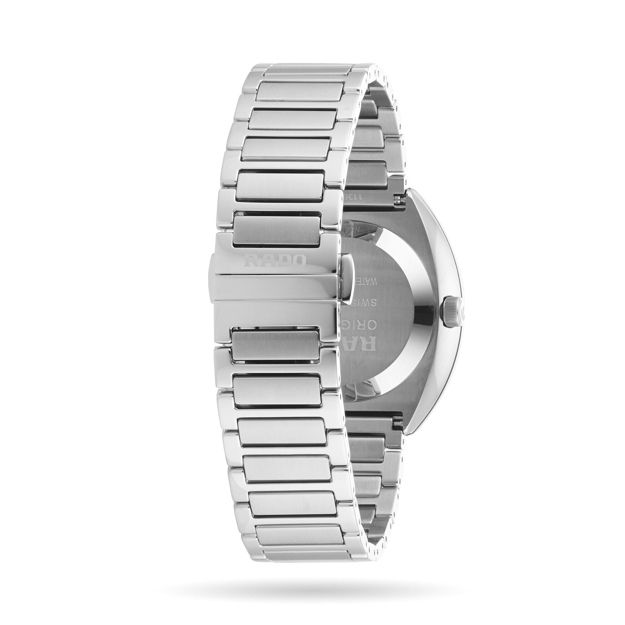 A Rado DiaStar Original watch in stainless steel is displayed from the back, showcasing its metal link bracelet, clasp, case back, and scratch-resistant sapphire crystal.
