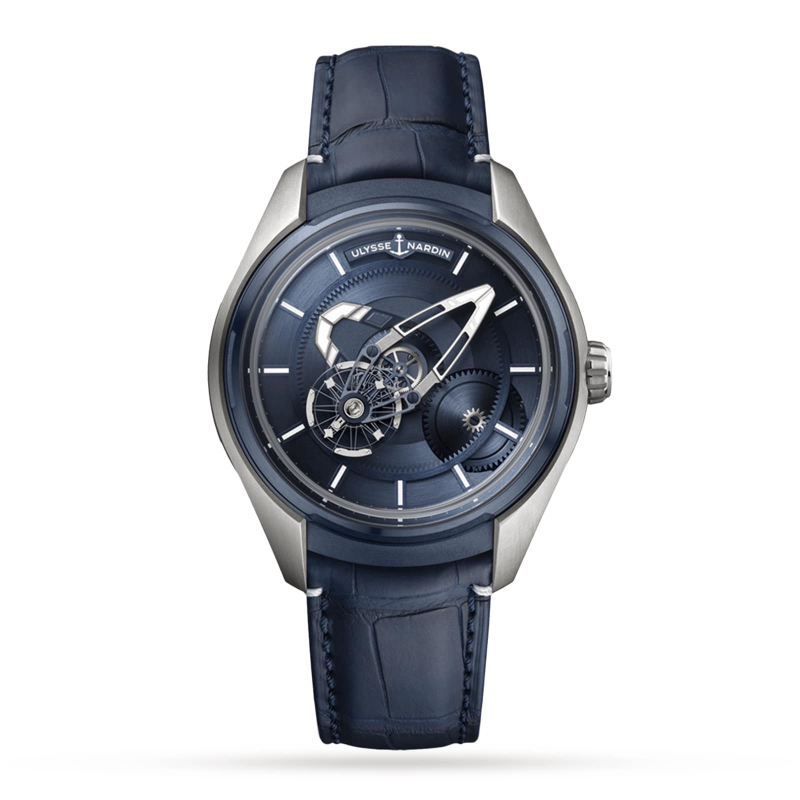 The Ulysse Nardin Freak X Ti Blue features a striking blue dial, open-gear design, silver markers, and a matching blue leather strap.
