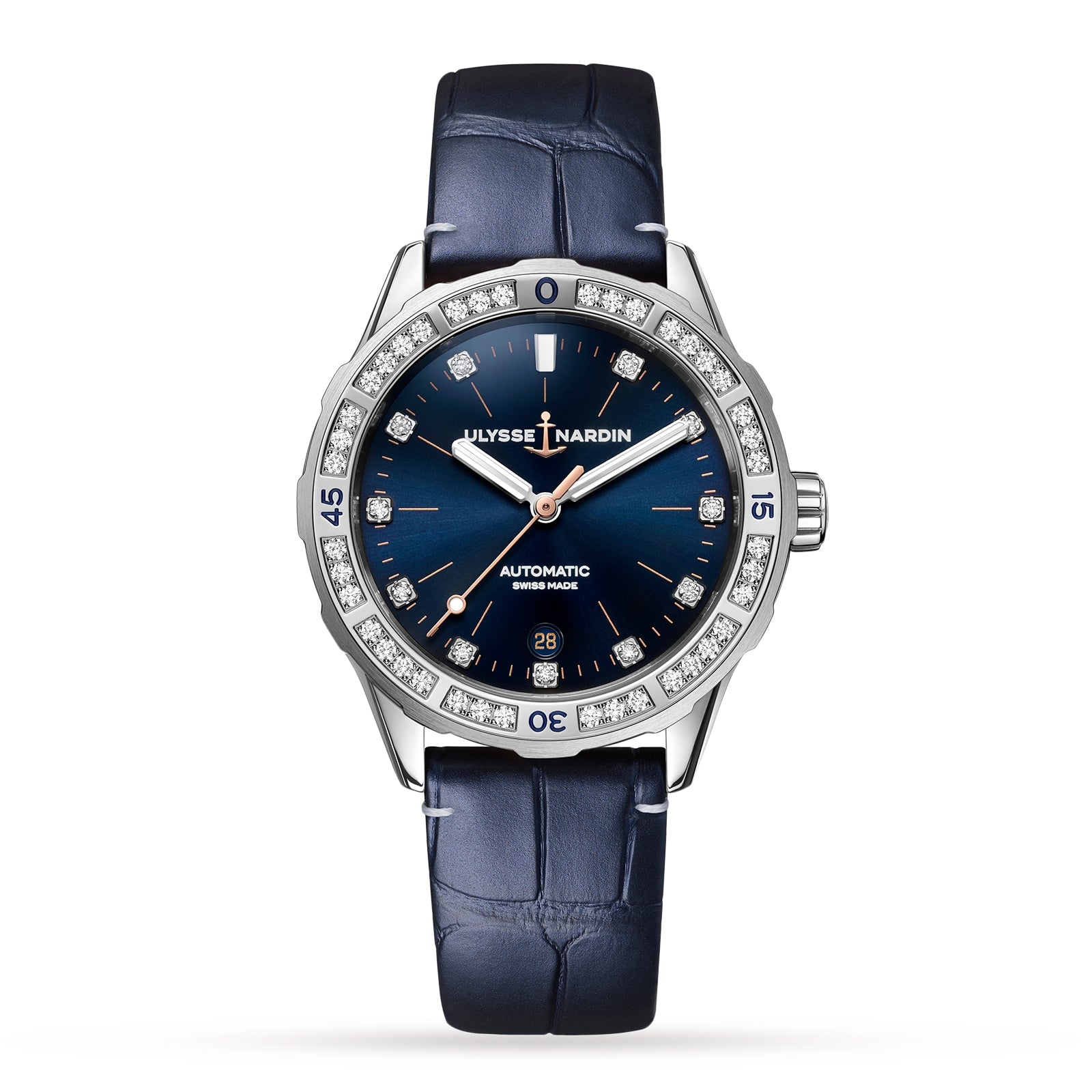 Ulysse Nardin Diver 39 features a blue leather strap, blue dial, diamond bezel, silver hour markers, date at 6 o’clock, and Automatic Swiss Made text.
