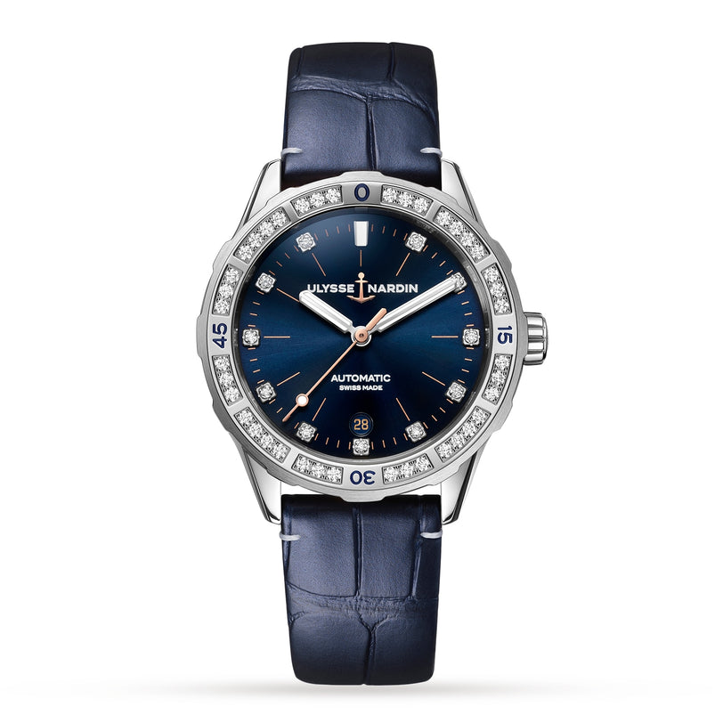Ulysse Nardin Diver 39 features a blue leather strap, blue dial, diamond bezel, silver hour markers, date at 6 o’clock, and Automatic Swiss Made text.