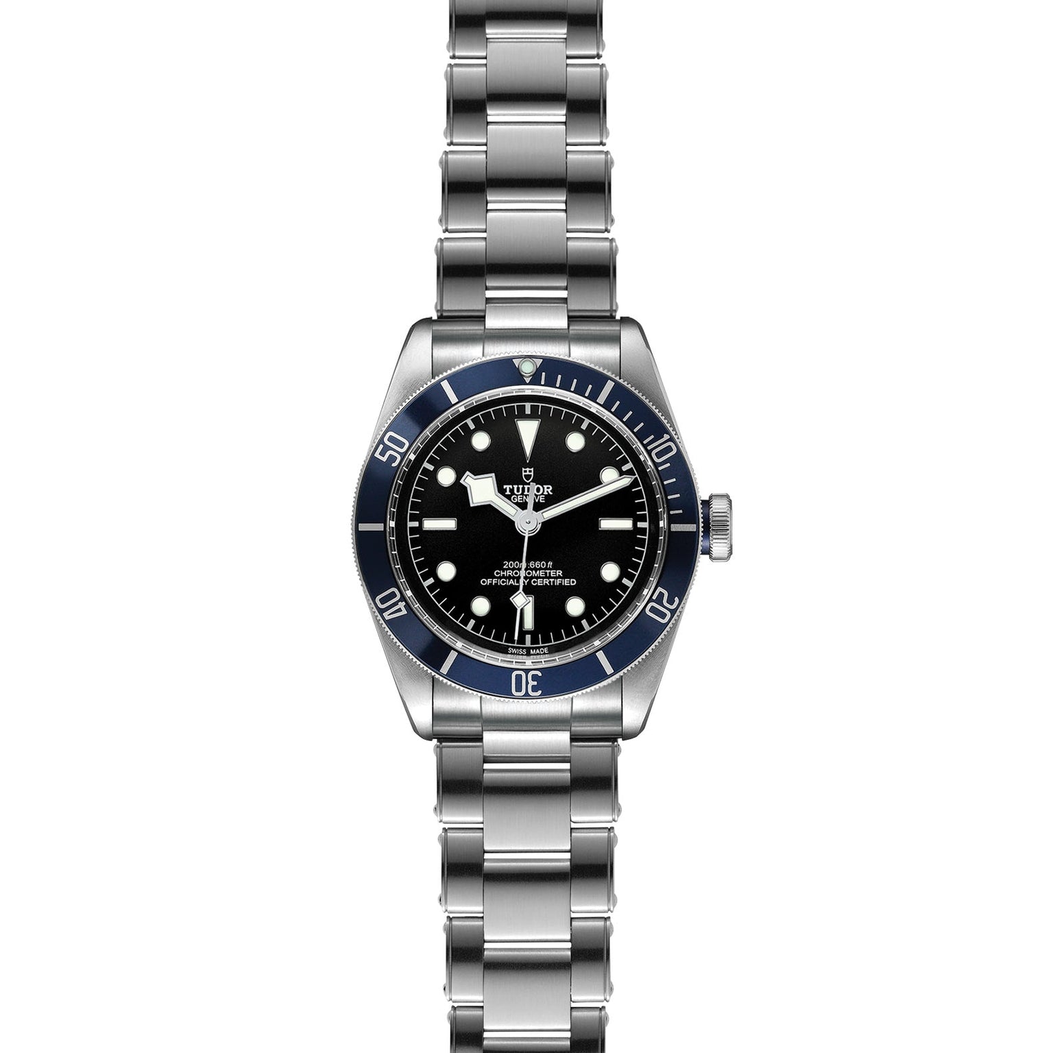The TUDOR Black Bay is a stainless steel diving-inspired wristwatch with a black dial, white hour markers, blue bezel, self-winding mechanical movement, and metal link bracelet.