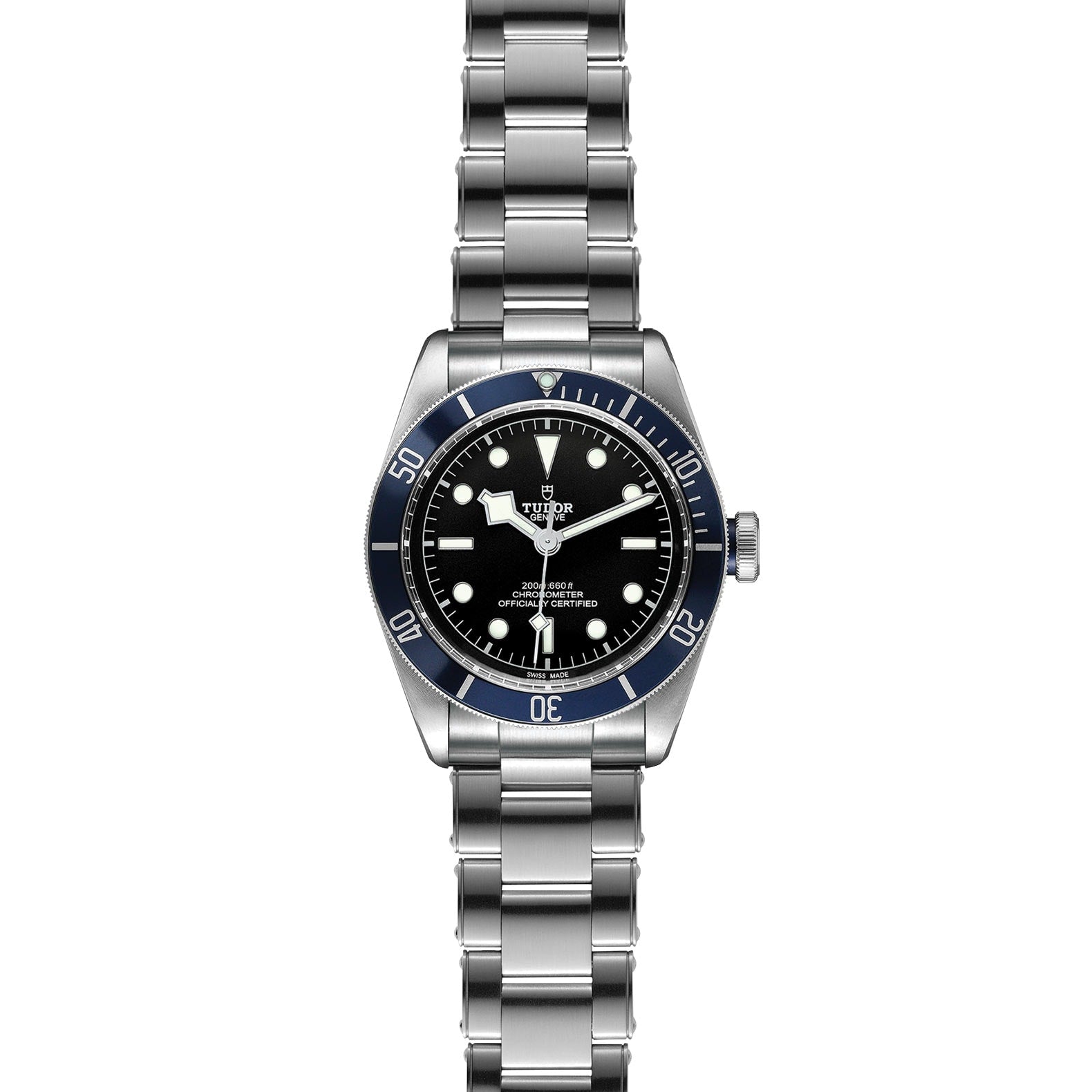 The TUDOR Black Bay is a stainless steel diving-inspired wristwatch with a black dial, white hour markers, blue bezel, self-winding mechanical movement, and metal link bracelet.
