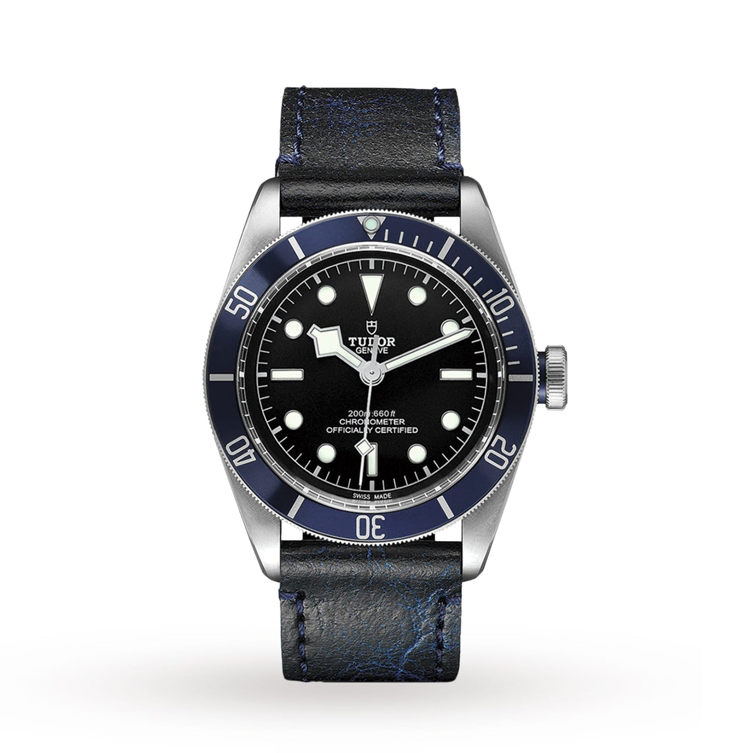 A TUDOR Black Bay wristwatch with a black dial, blue bezel, luminous markers, and a black leather strap is showcased on a white background—a classic diver’s watch.