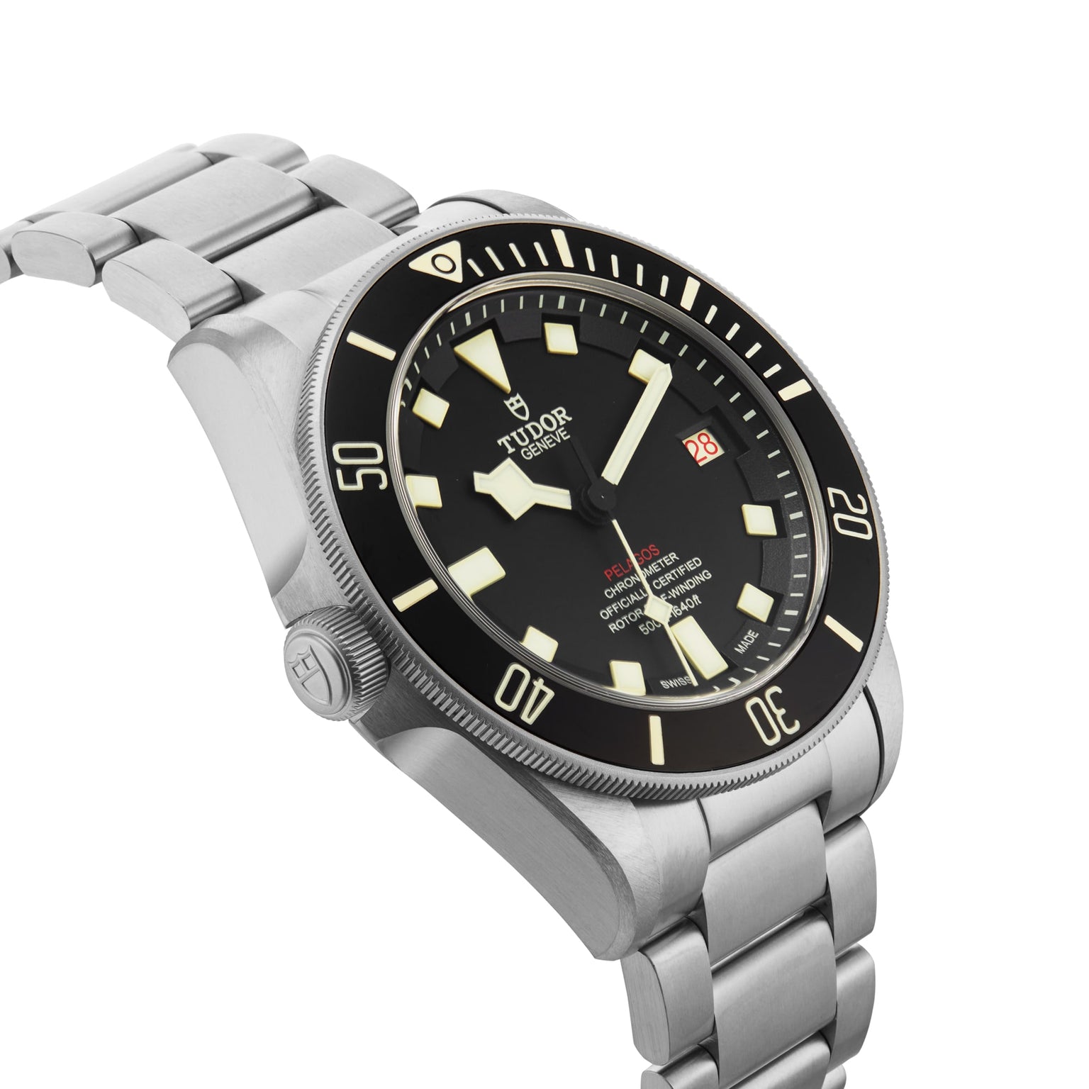 The TUDOR Pelagos LHD is a stainless steel wristwatch featuring a black dial, bold hour markers, and a metal bracelet.