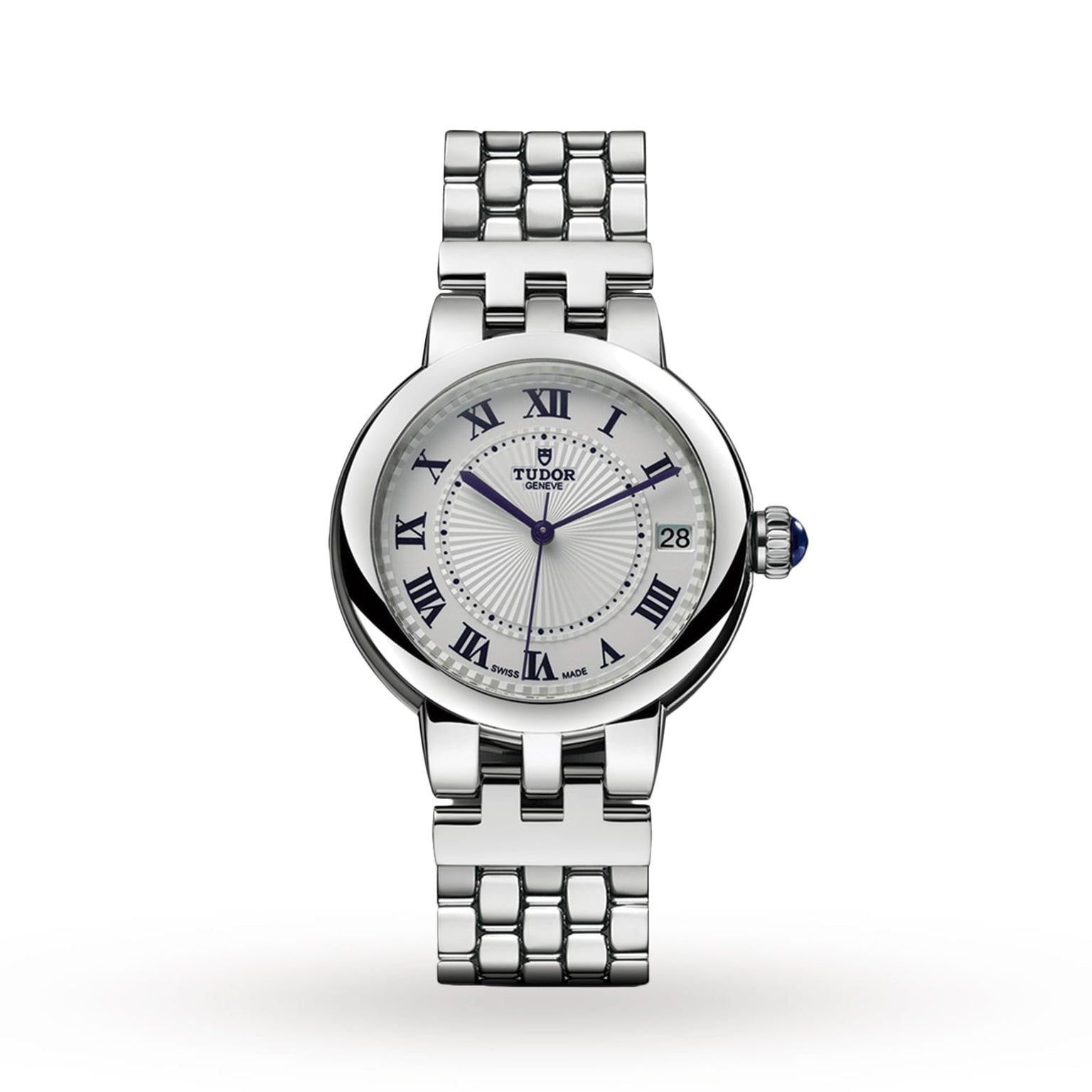 A TUDOR Clair de Rose wristwatch featuring a silver case, white dial, blue Roman numerals, and a metal link bracelet.