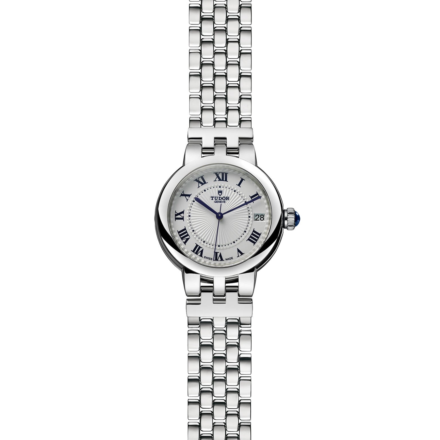 TUDOR Clair de Rose wristwatch with Roman numeral markers, date display, and metal link bracelet on a white background.