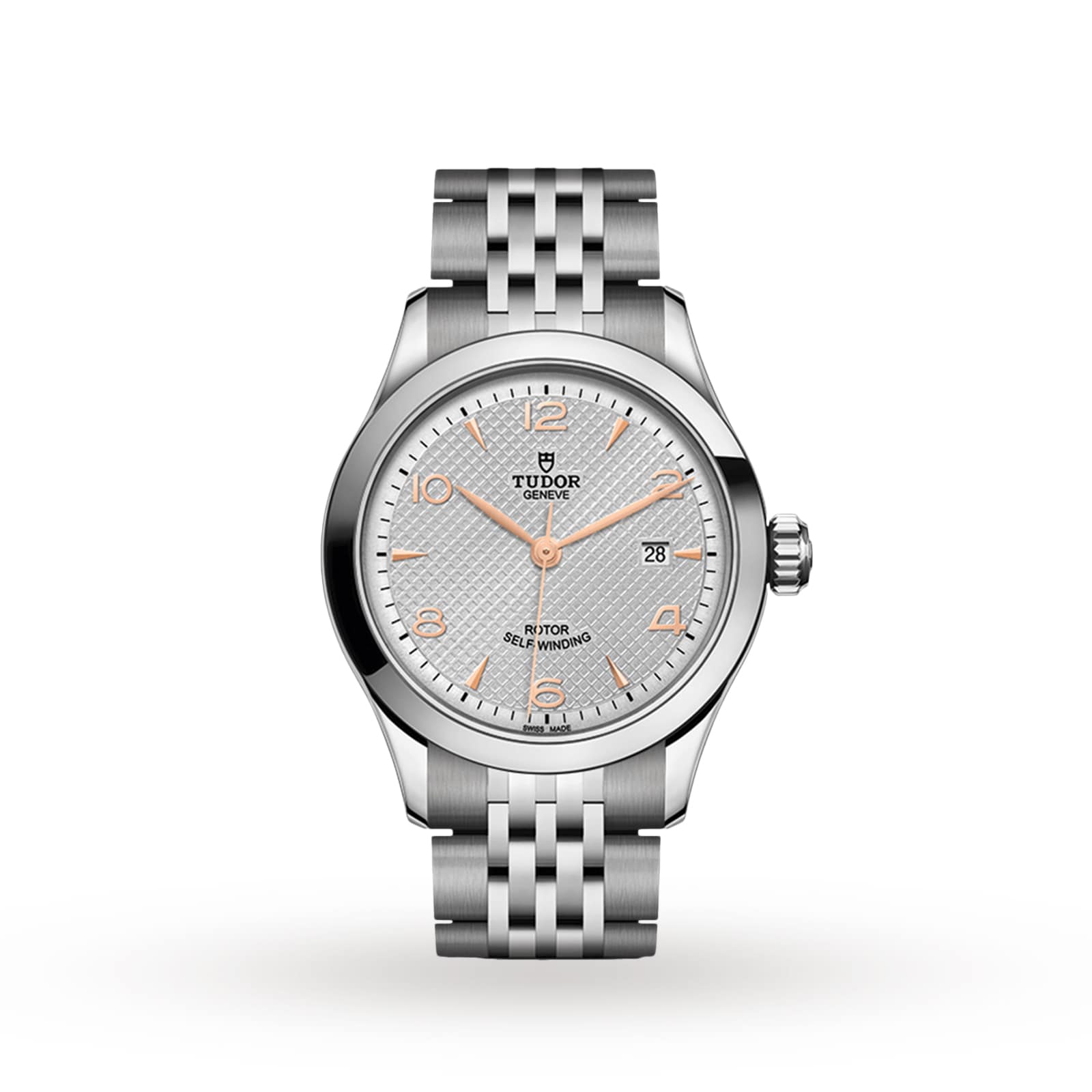A TUDOR 1926 silver ladies’ wristwatch featuring a textured light gray dial, gold hour markers, self-winding movement, date at 3 o’clock, and metal link bracelet shown on a white background.