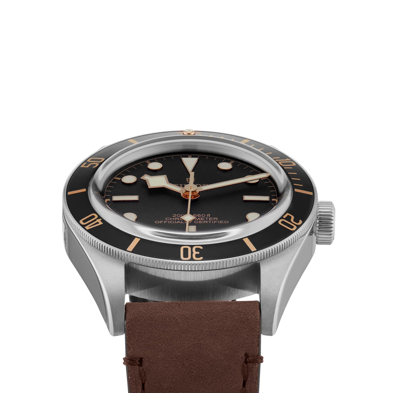 The TUDOR Black Bay 58 is a vintage-inspired stainless steel wristwatch with a black bezel, black dial, luminous markers, and a brown leather strap, reminiscent of classic diving watches, shown from the front.