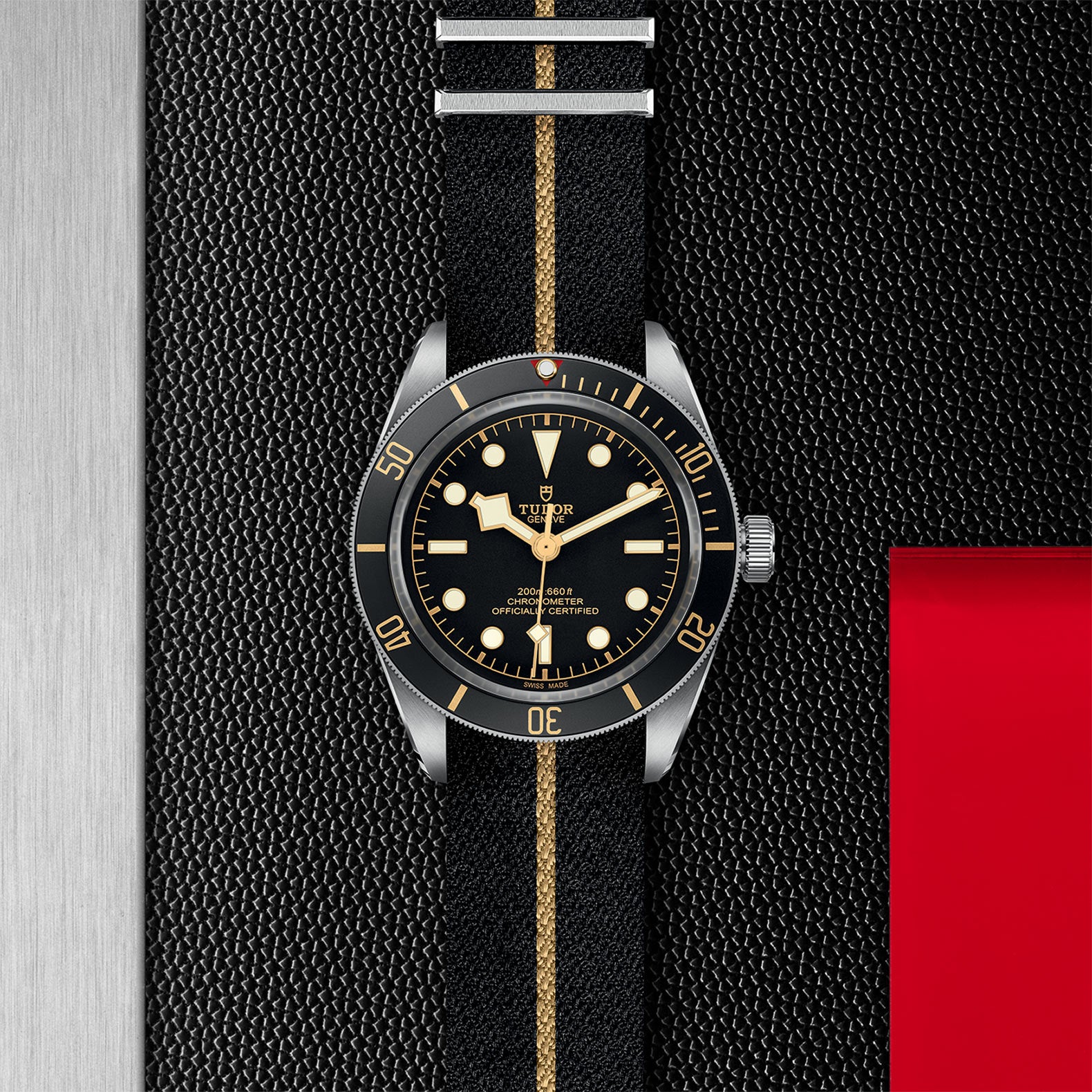 A TUDOR Black Bay 58 wristwatch with gold accents and a striped NATO strap is displayed on a textured black and red background, highlighting its signature style and reliable mechanical movement.