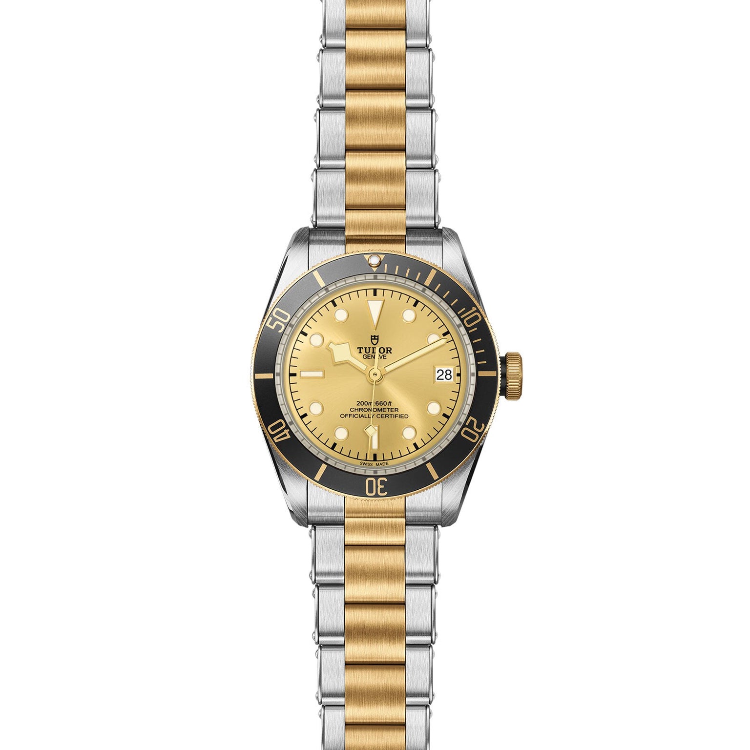 The TUDOR Black Bay S&G wristwatch boasts a gold dial, black bezel, gold and silver bracelet, date display at 3 o’clock, and a reliable self-winding movement inspired by classic diving watches.