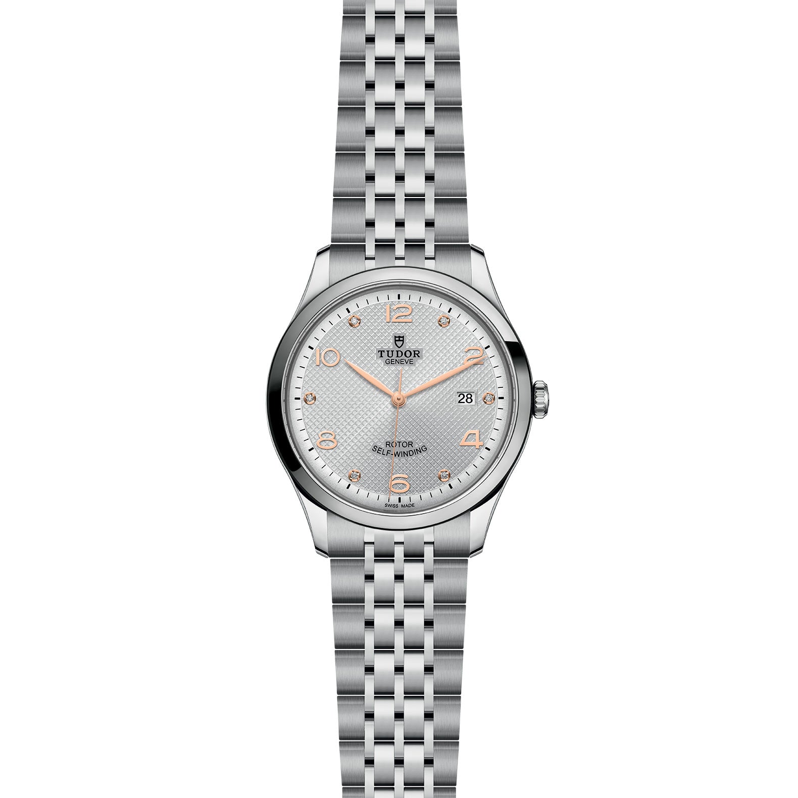 A TUDOR 1926 wristwatch in silver features a metal link bracelet, white textured dial, gold-tone numerals and hands, date window at 3 oclock, and self-winding mechanical movement.