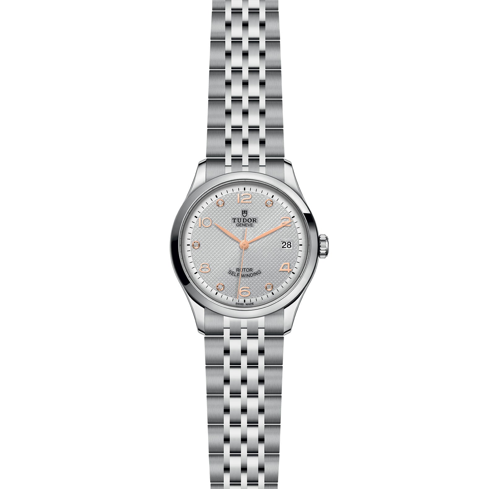 The TUDOR 1926 is a silver wristwatch with a stainless steel bracelet, white dial, gold markers, date at 3 o’clock, and three hands—ideal for lovers of timeless TUDOR style and classic mechanical watches.