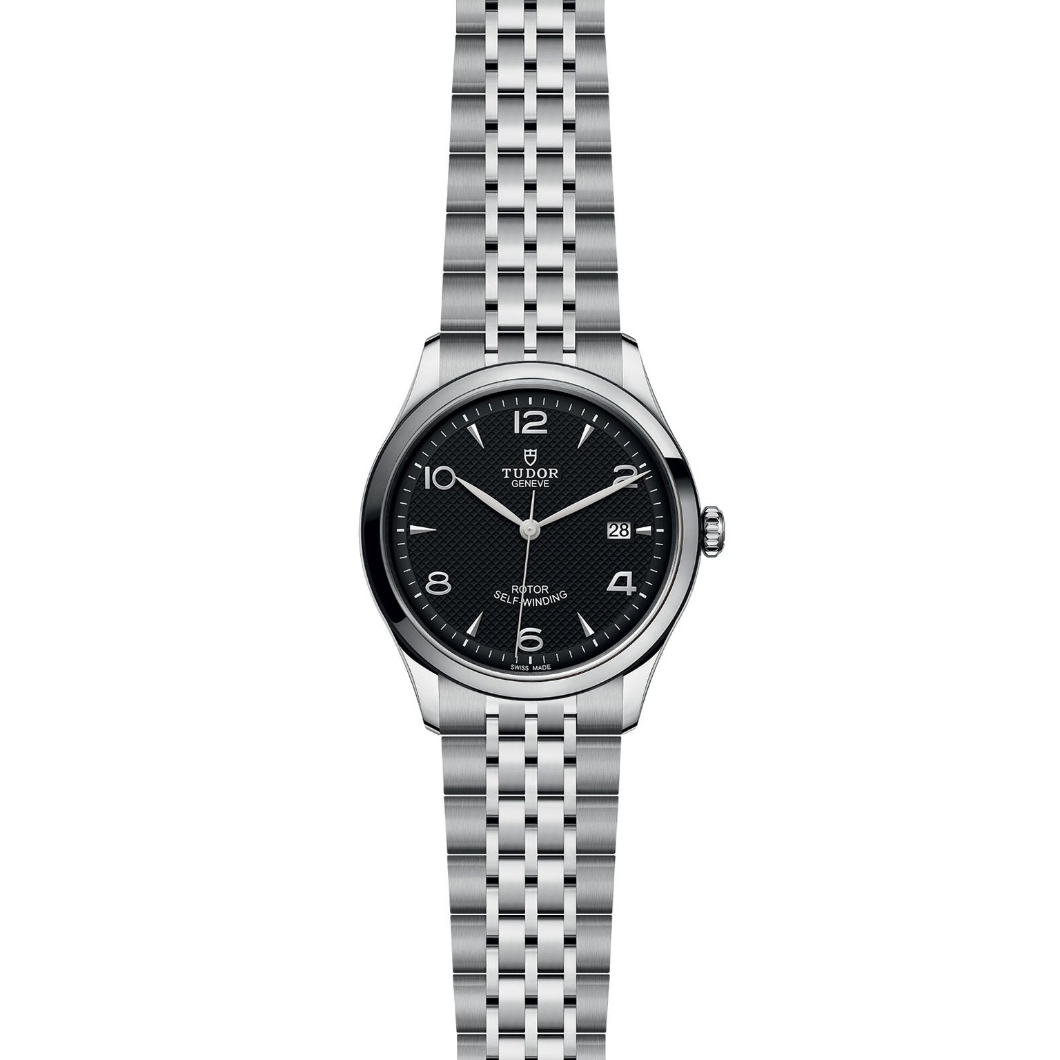 The TUDOR 1926 is a stainless steel wristwatch with a black dial, silver hour markers, date at 3 o’clock, and a metal bracelet—an elegant option for fans of mechanical watches.