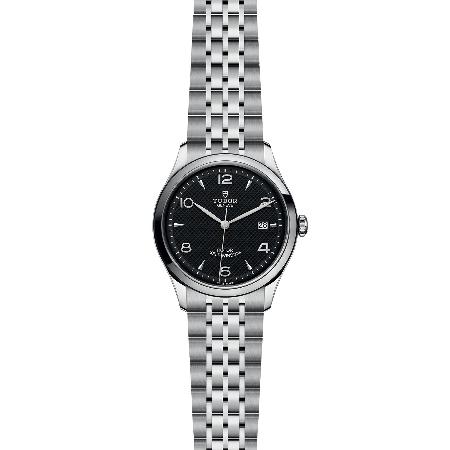 The TUDOR 1926 is a stainless steel wristwatch with a black dial, silver hour markers, date at 3 o’clock, and a metal bracelet—an elegant option for fans of mechanical watches.