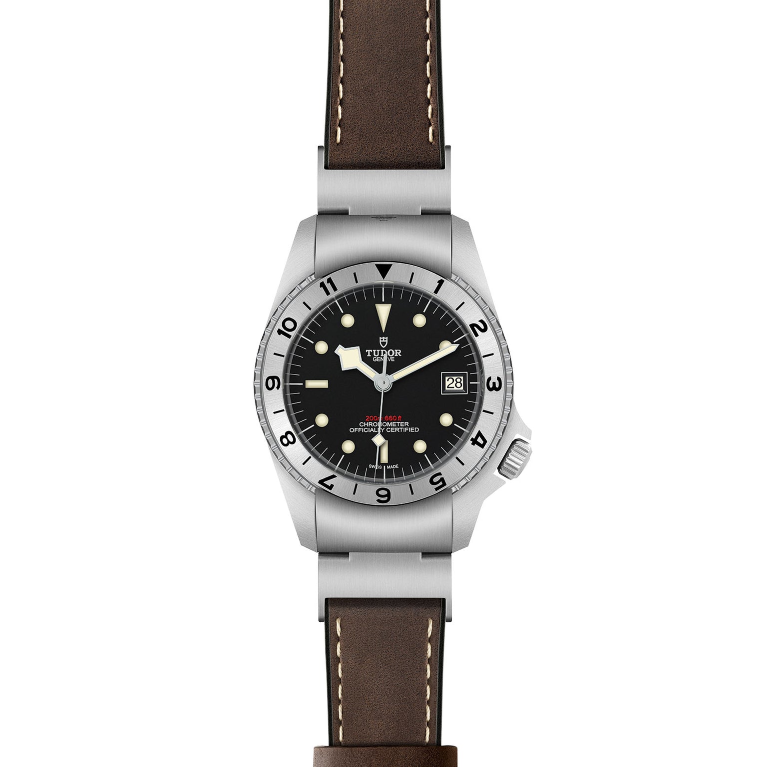 The TUDOR Black Bay P01 is a stainless steel wristwatch featuring a black dial, snowflake hands, white hour markers, a date window at 3 o’clock, and a brown leather strap.