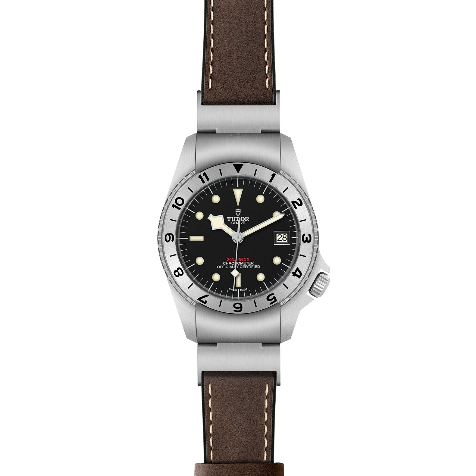 The TUDOR Black Bay P01 is a stainless steel wristwatch featuring a black dial, snowflake hands, white hour markers, a date window at 3 o’clock, and a brown leather strap.