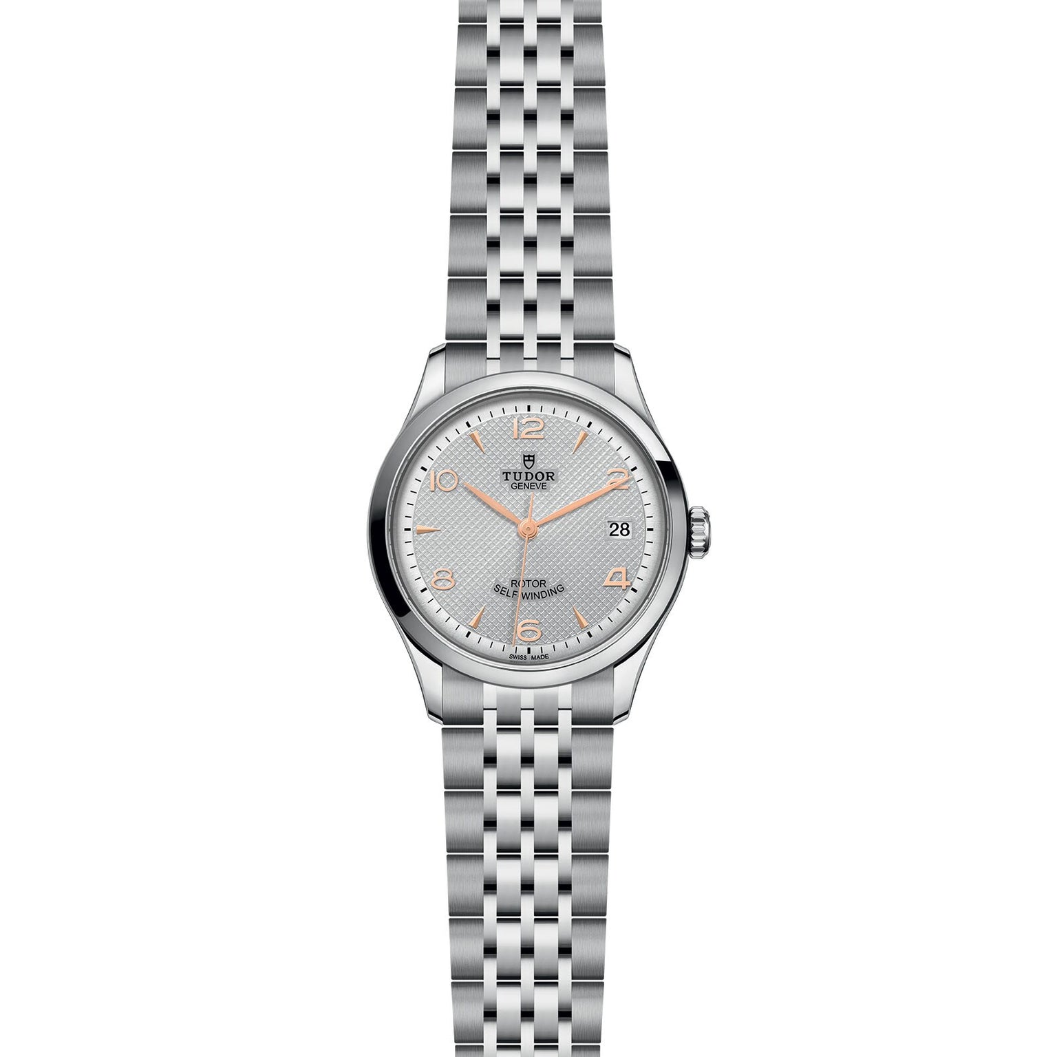A silver TUDOR 1926 wristwatch featuring a white dial, gold hour markers, date at 3 o’clock, and a metal link bracelet—a refined showcase of TUDOR’s expert mechanical watchmaking.