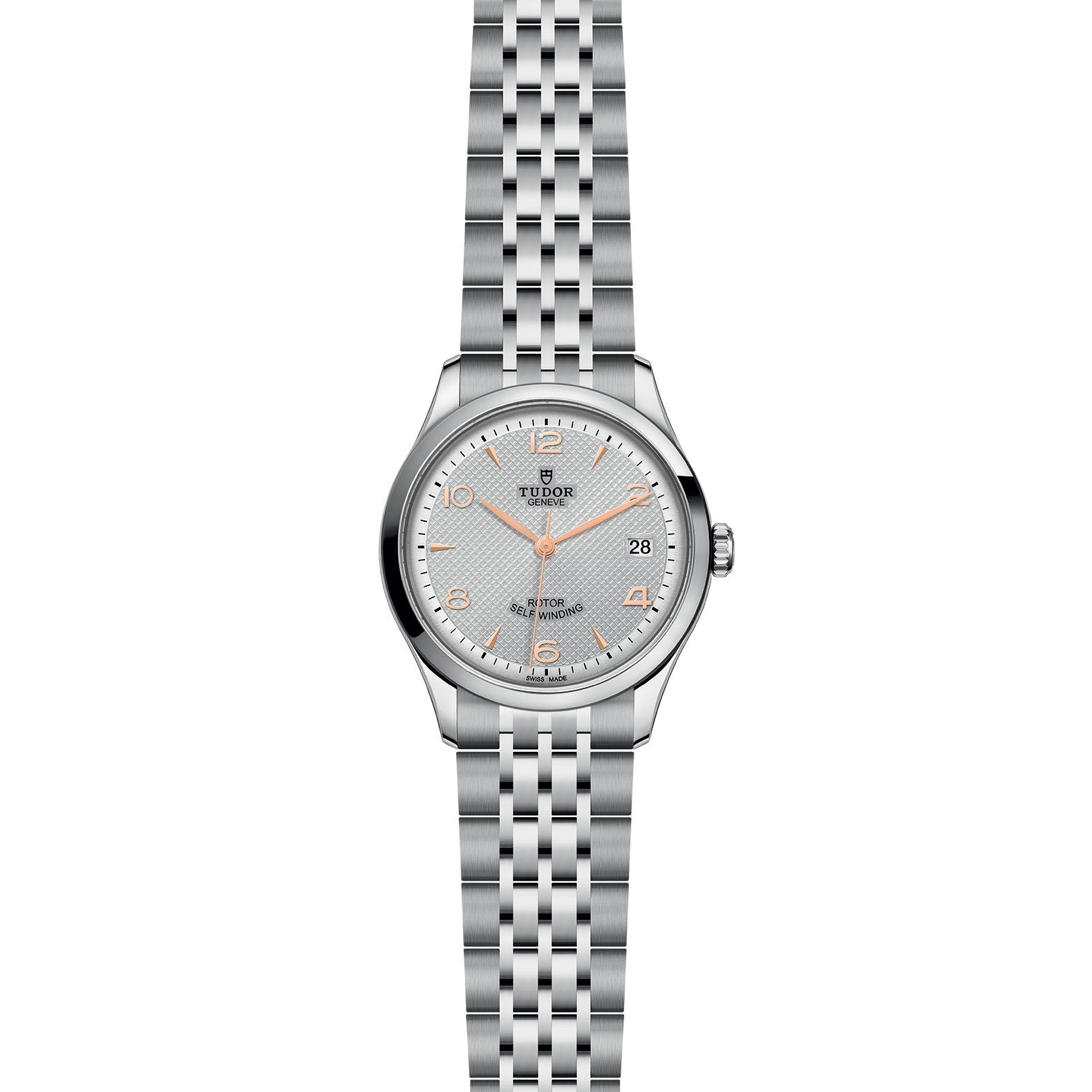 A silver TUDOR 1926 wristwatch featuring a white dial, gold hour markers, date at 3 o’clock, and a metal link bracelet—a refined showcase of TUDOR’s expert mechanical watchmaking.