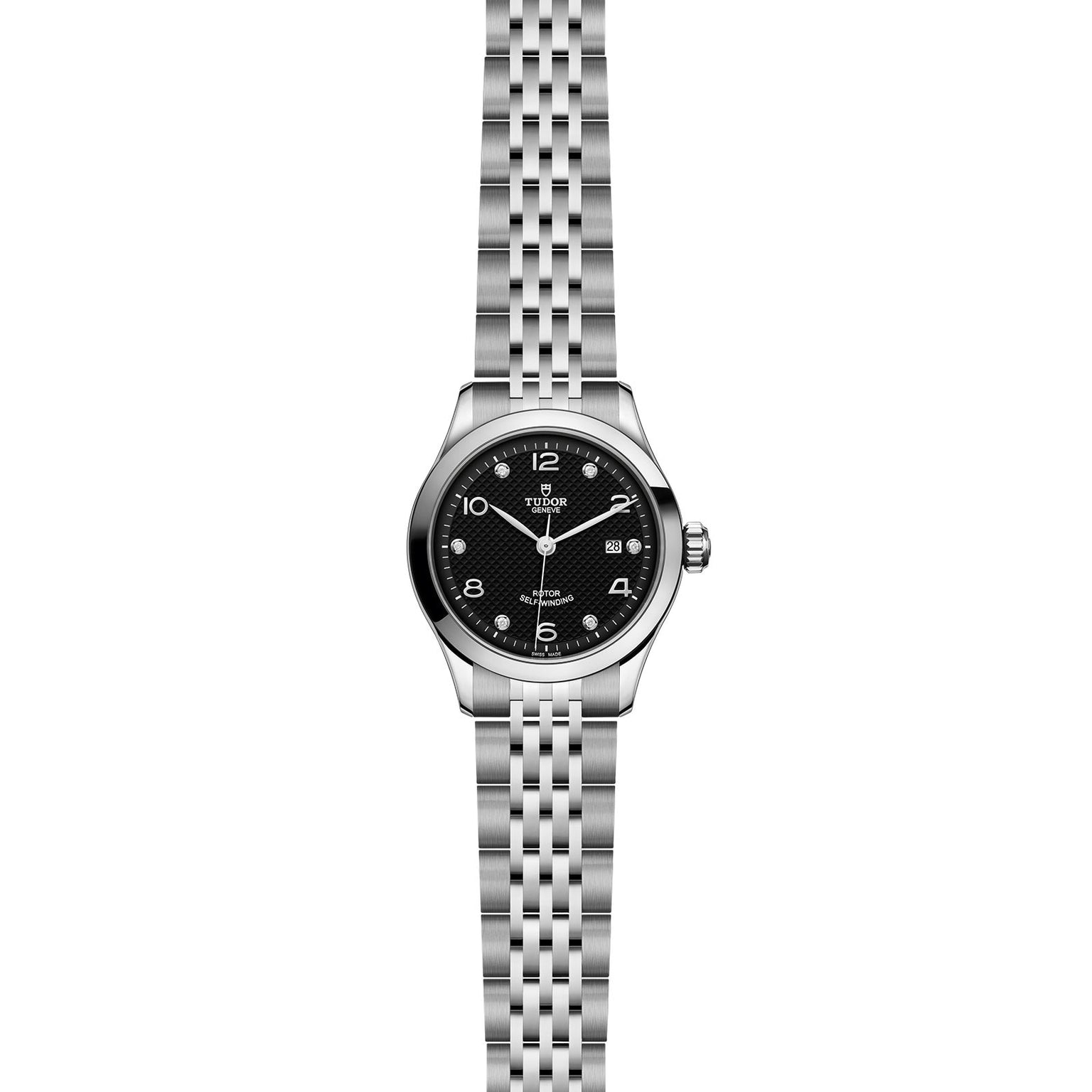 The TUDOR 1926 is a timeless stainless steel watch with a black textured dial, silver hands and numerals, date window at 3 o’clock, and a metal bracelet—ideal for fans of classic mechanical timepieces.