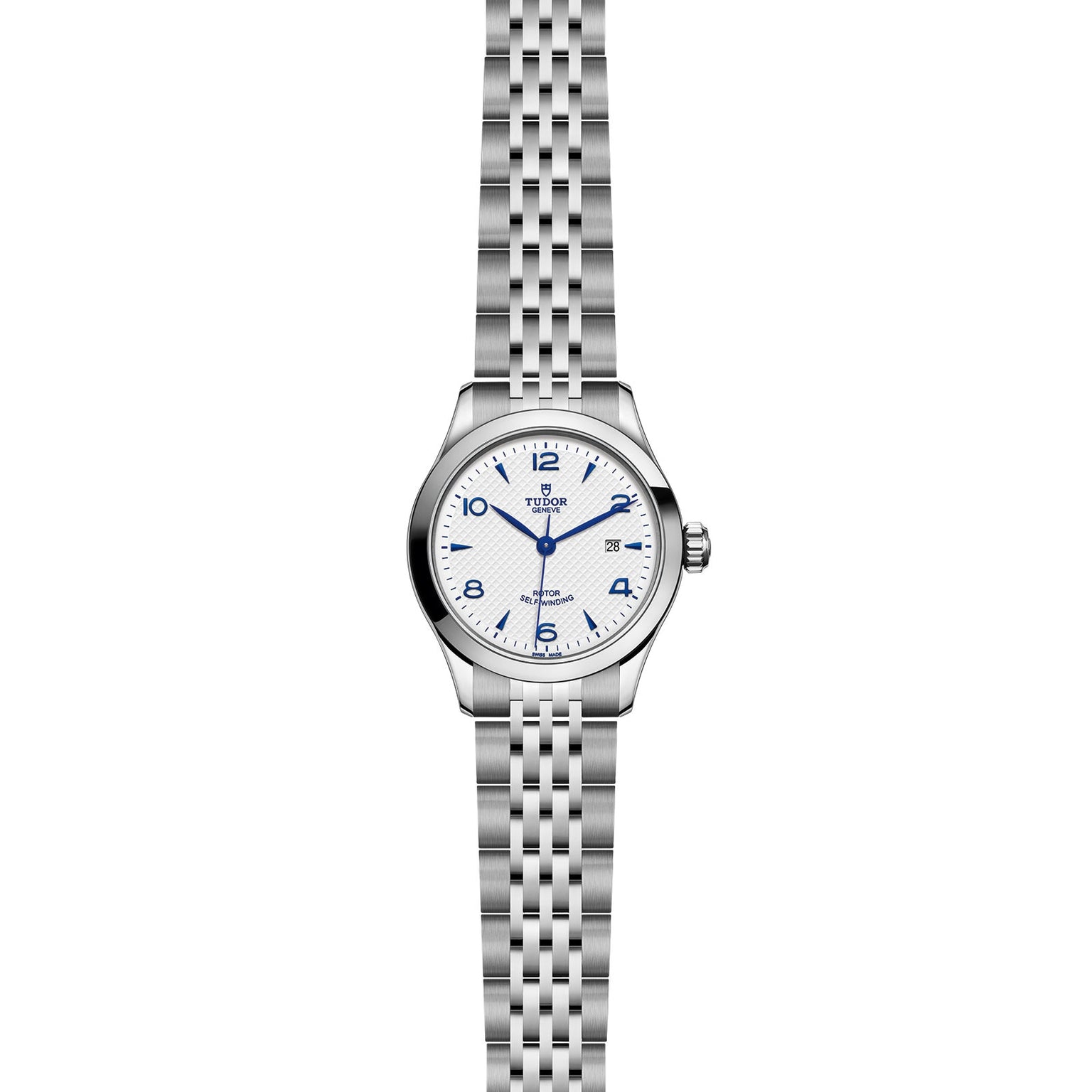 The TUDOR 1926 is a stainless steel wristwatch featuring a silver link bracelet, white textured dial, blue numerals, and the TUDOR logo—an elegant addition to mechanical timepieces.