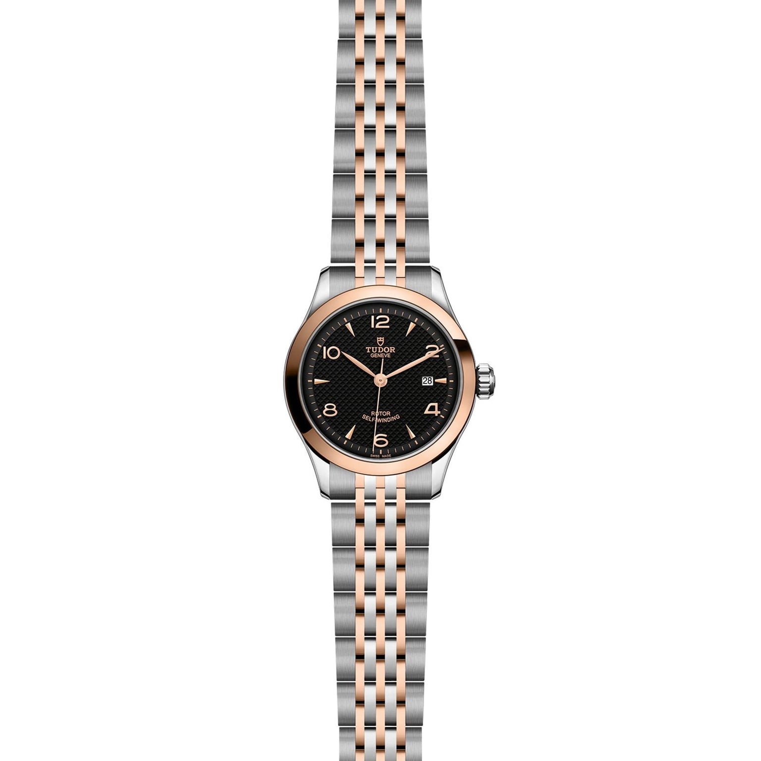 The TUDOR 1926 is a classic, elegant two-tone wristwatch with a black dial, gold hour markers, date display, and a silver and rose gold link bracelet—ideal for fine mechanical watch enthusiasts.