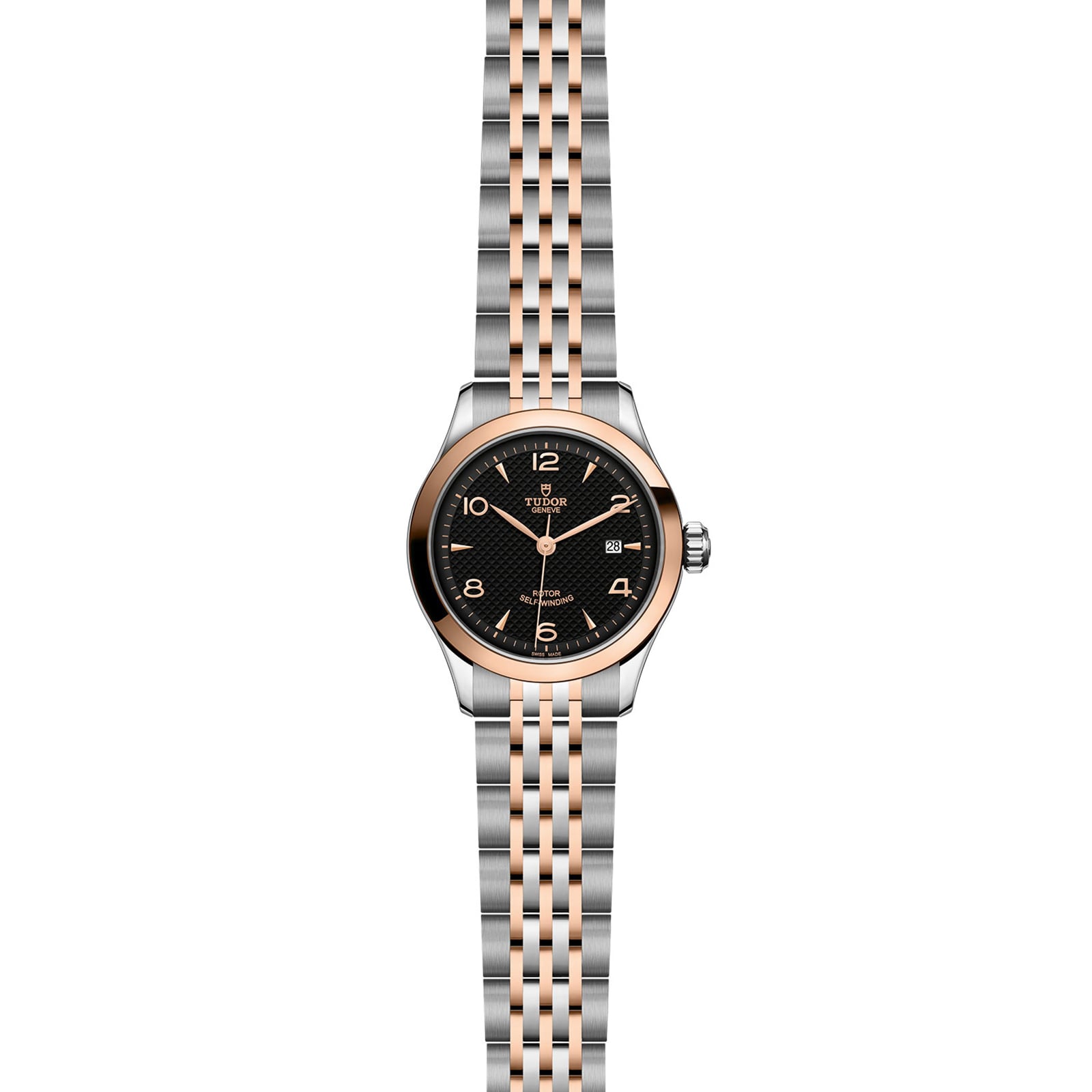 The TUDOR 1926 is a classic, elegant two-tone wristwatch with a black dial, gold hour markers, date display, and a silver and rose gold link bracelet—ideal for fine mechanical watch enthusiasts.