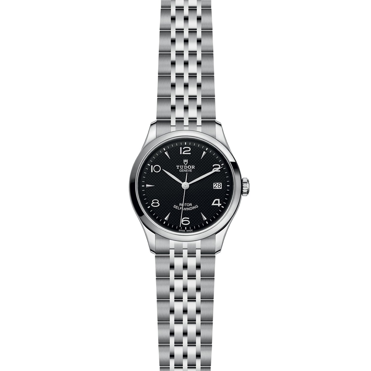 The TUDOR 1926 is a stainless steel wristwatch with a black dial, silver hour markers, date at 3 o’clock, and a linked metal bracelet—ideal for fans of classic mechanical watches.