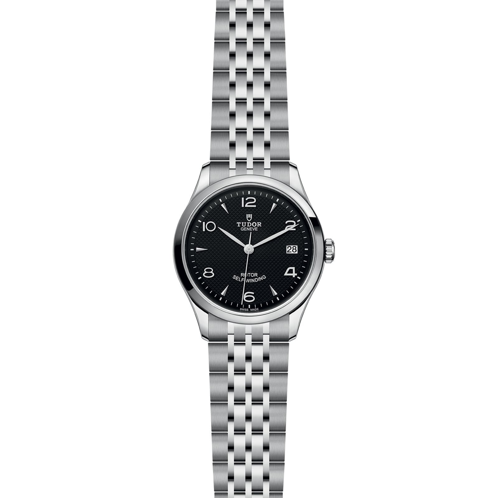 The TUDOR 1926 is a stainless steel wristwatch with a black dial, silver hour markers, date at 3 o’clock, and a linked metal bracelet—ideal for fans of classic mechanical watches.