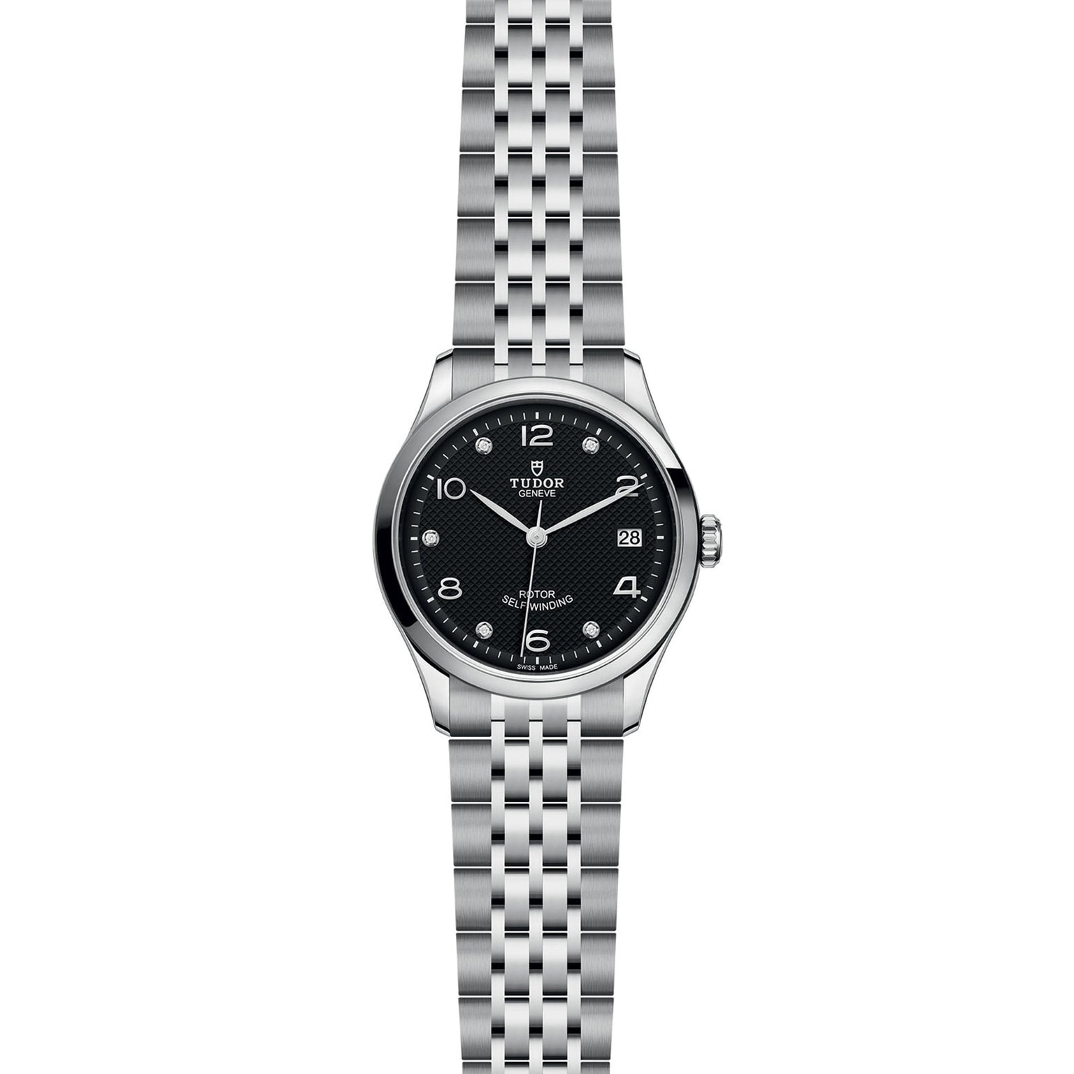A TUDOR 1926 stainless steel wristwatch featuring a black dial, silver hour markers, a date window at 3 oclock, and a metal link bracelet is displayed against a white background—a classic example of TUDOR craftsmanship.