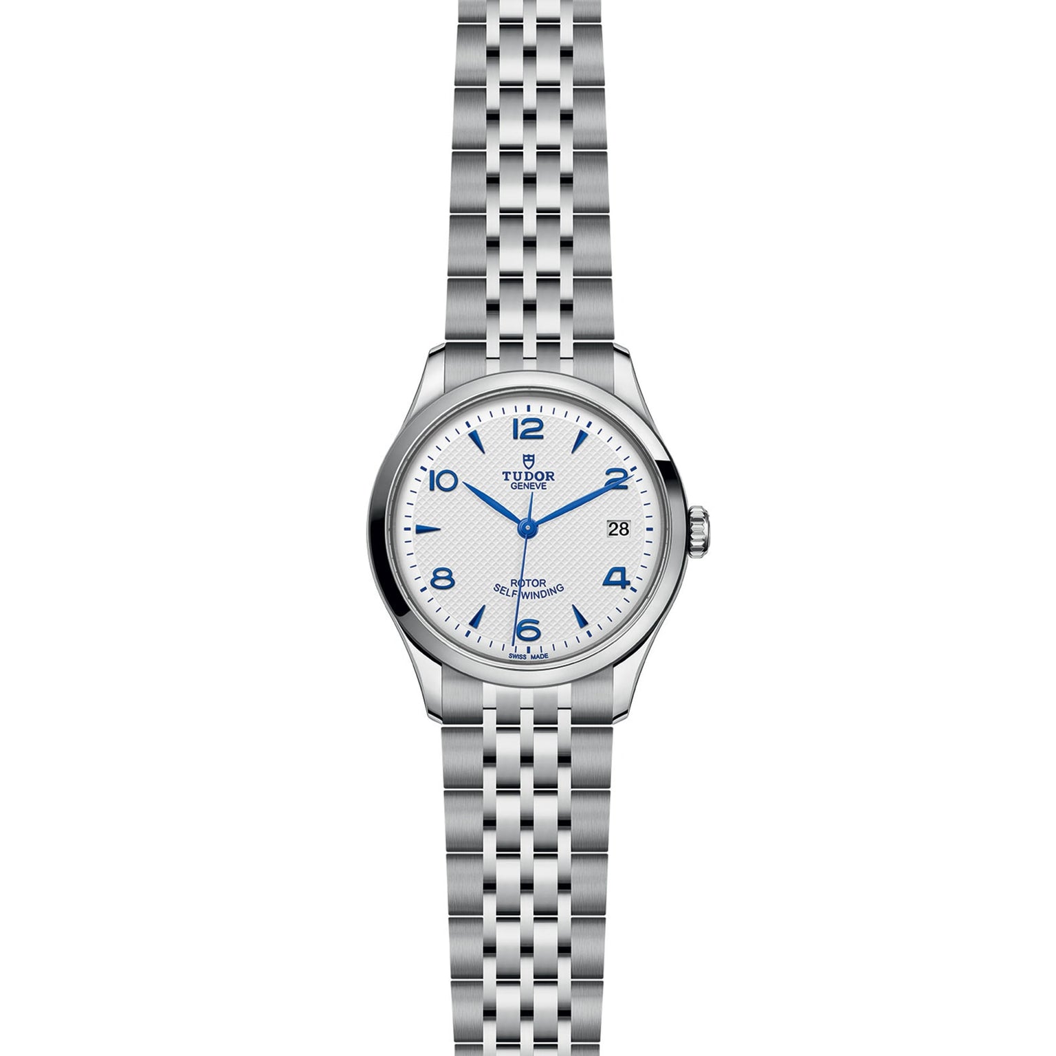 The TUDOR 1926 features a silver case, white dial with blue numerals and hands, a date window at 3 o’clock, and a stainless steel link bracelet—an excellent pick for fans of classic watch designs.