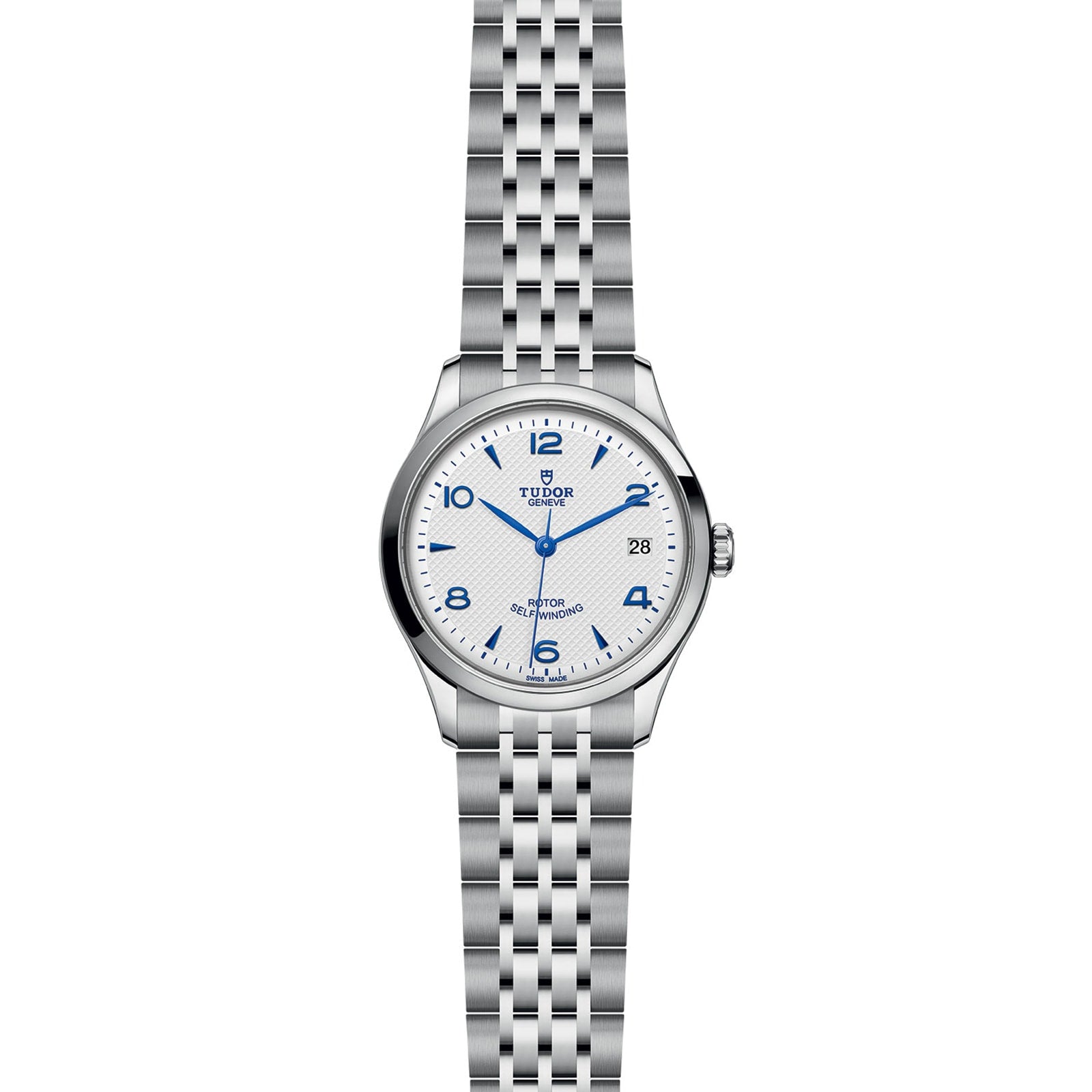 The TUDOR 1926 features a silver case, white dial with blue numerals and hands, a date window at 3 o’clock, and a stainless steel link bracelet—an excellent pick for fans of classic watch designs.
