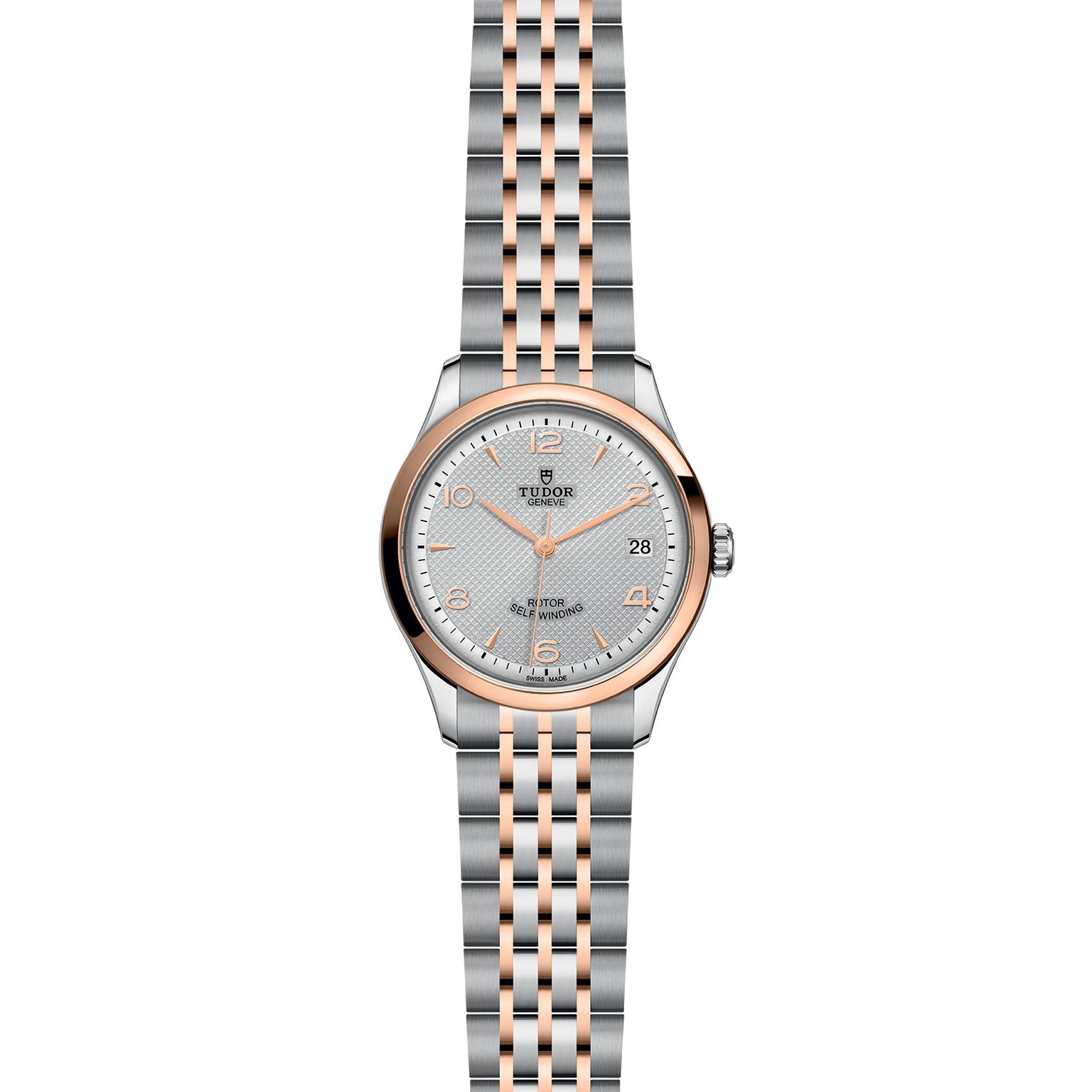 The TUDOR 1926 is a classic wristwatch featuring a silver and rose gold metal bracelet, round silver dial, date at 3 o’clock, and baton hour markers—ideal for those who appreciate timeless mechanical elegance.