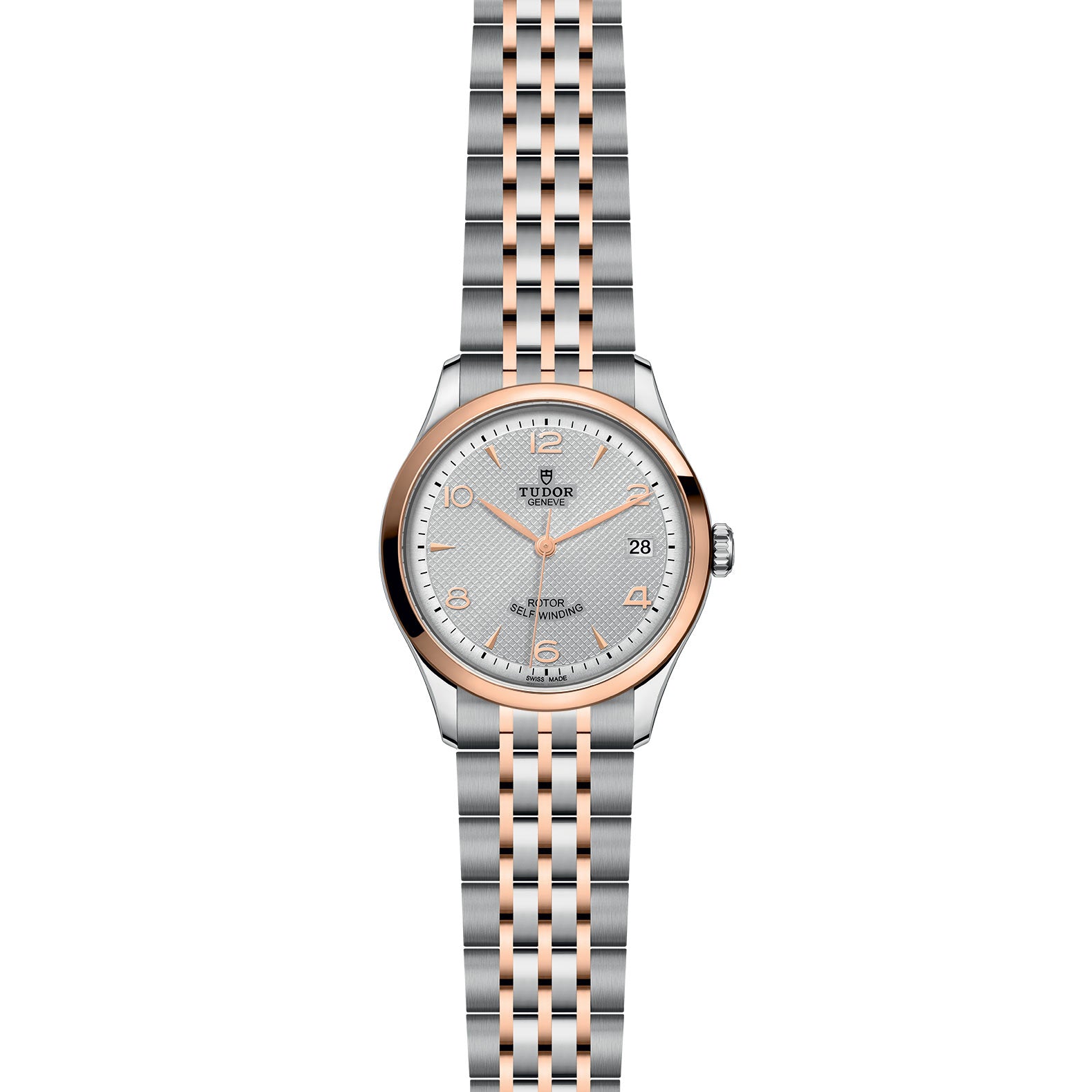 The TUDOR 1926 is a classic wristwatch featuring a silver and rose gold metal bracelet, round silver dial, date at 3 o’clock, and baton hour markers—ideal for those who appreciate timeless mechanical elegance.