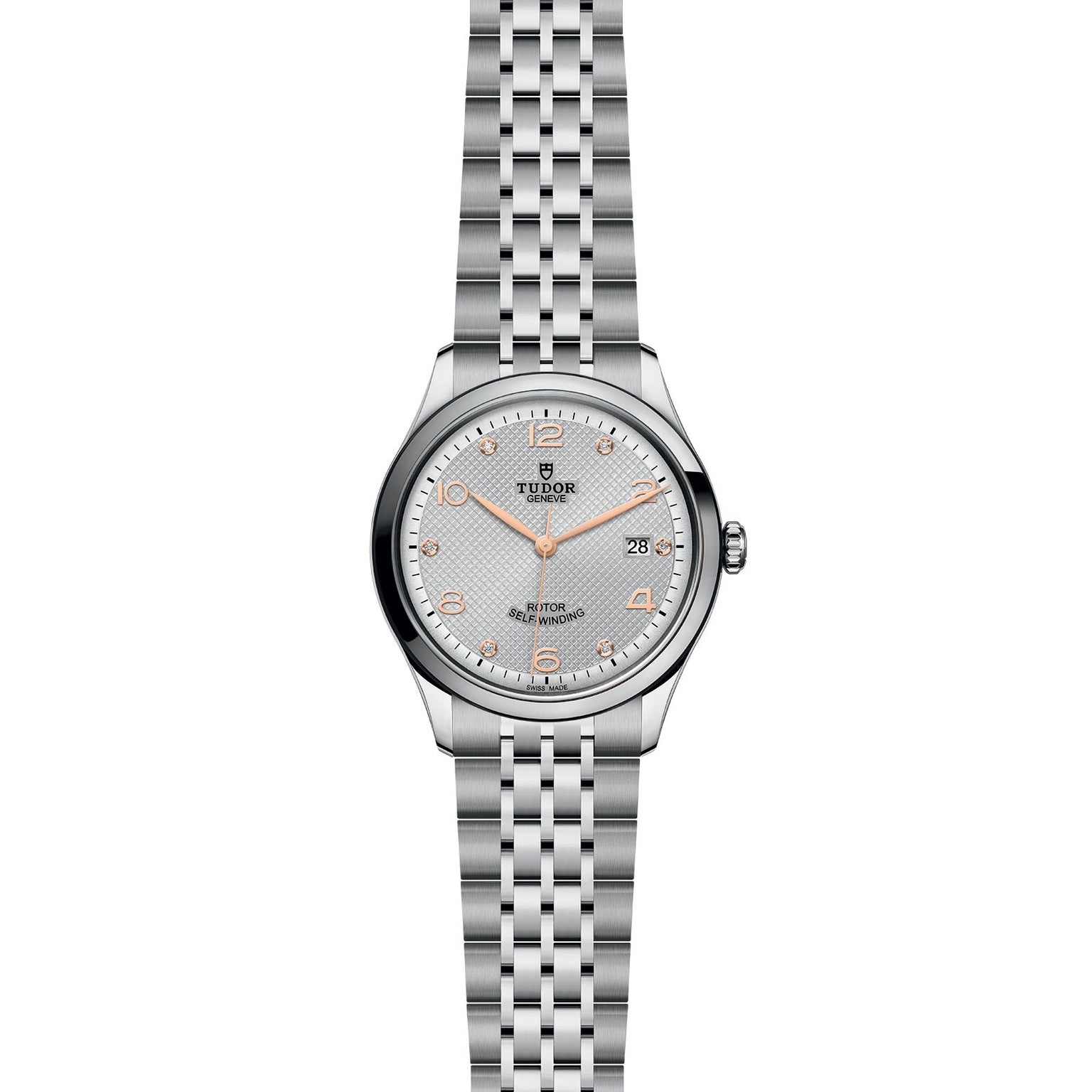 The TUDOR 1926 wristwatch features a silver metal link band, a white dial, and gold hour markers, shown on a white background.