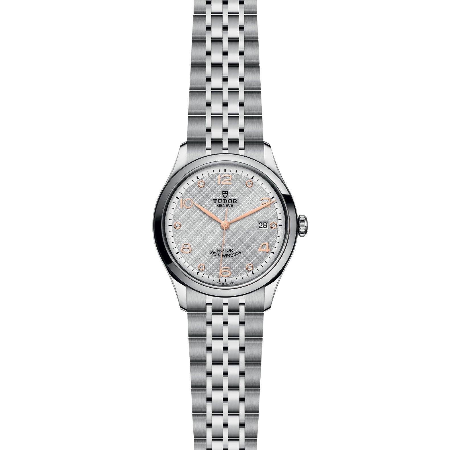 The TUDOR 1926 wristwatch features a silver metal link band, a white dial, and gold hour markers, shown on a white background.