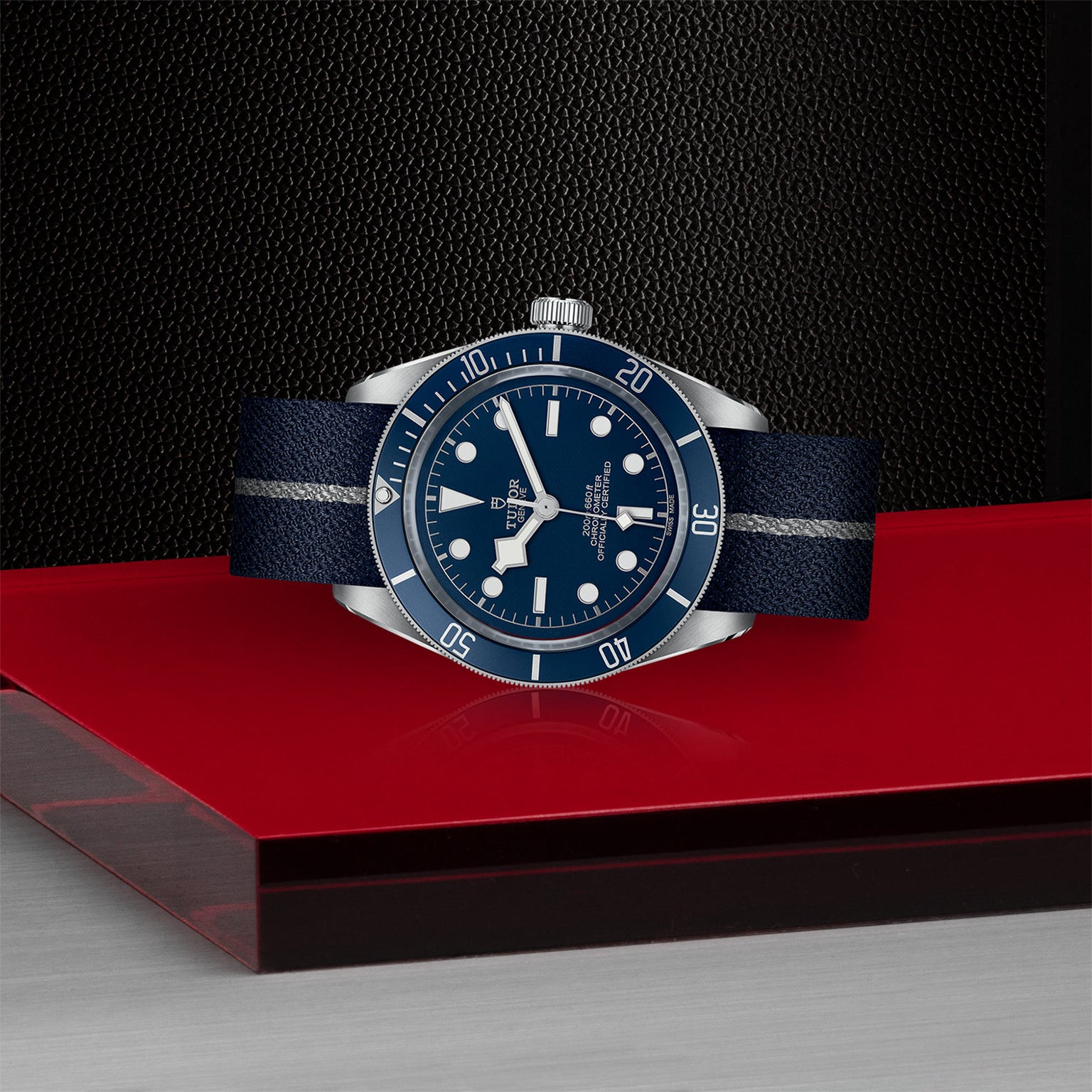 A TUDOR Black Bay 58 diving watch with a blue dial and striped fabric strap is displayed on a red and black geometric surface.
