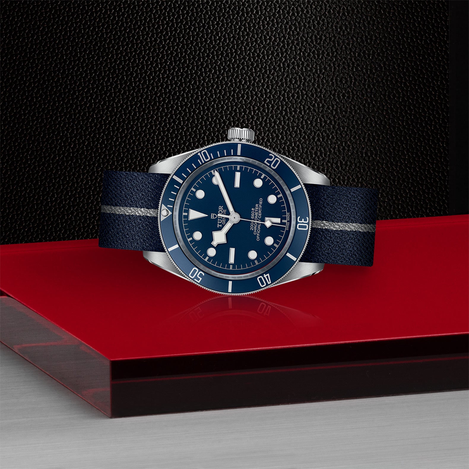 A TUDOR Black Bay 58 diving watch with a blue dial and striped fabric strap is displayed on a red and black geometric surface.